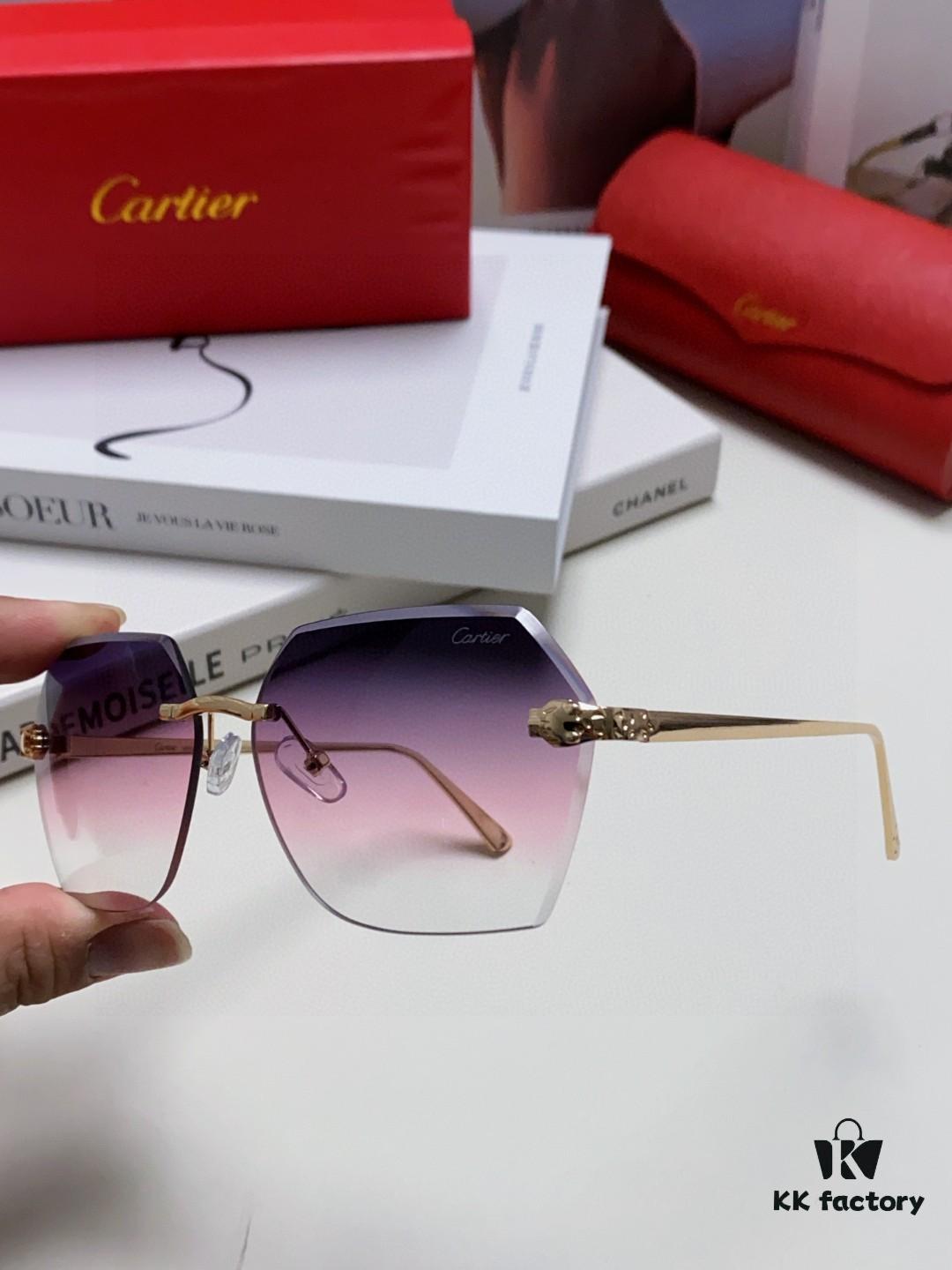 Cartier 2025 New Model Frameless Sunglasses for Women, Classic Leopard Print Temples, Diamond-Cut Edges, Premium Gradient Lenses, Oversized Sunglasses