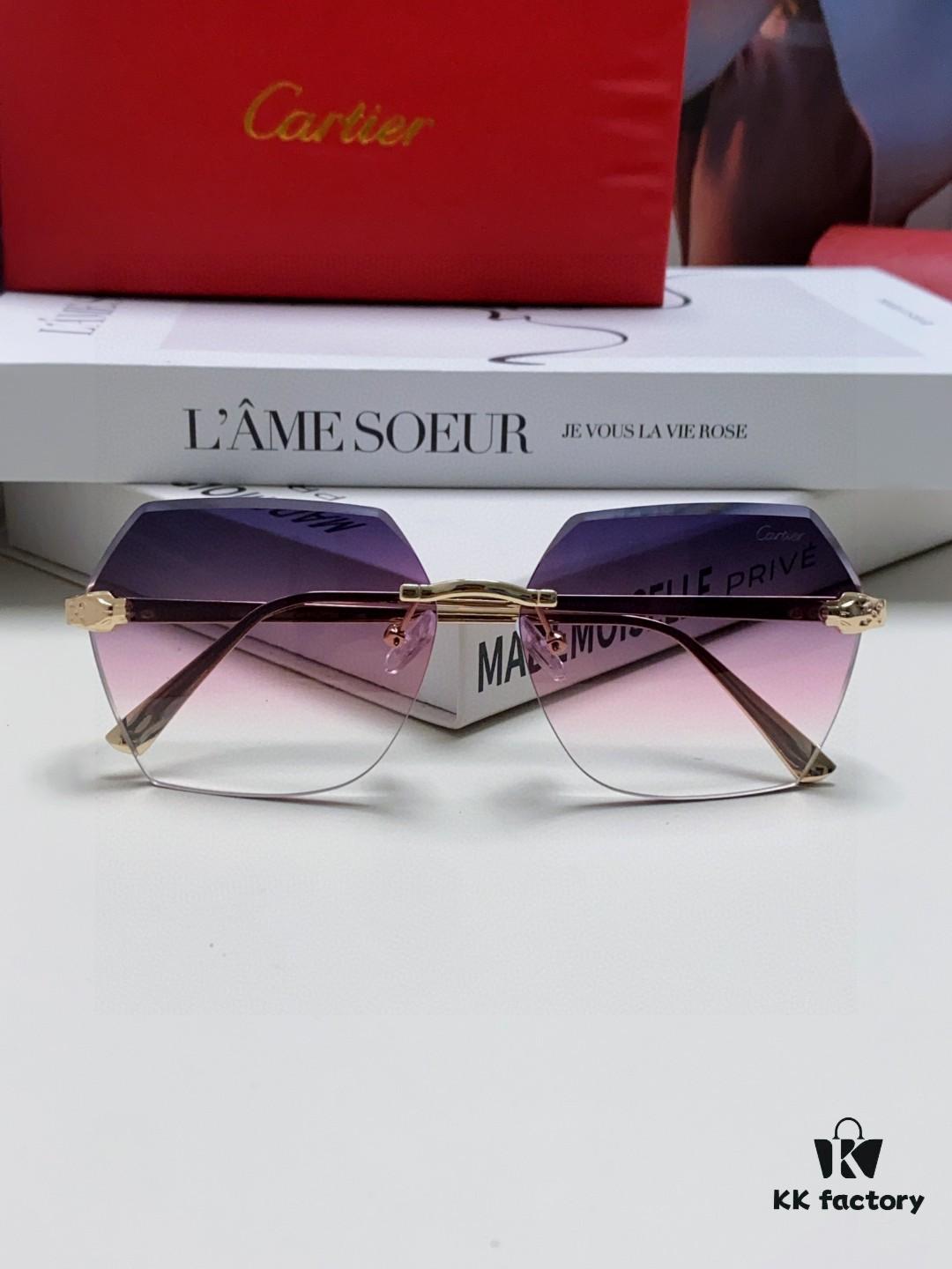 Cartier 2025 New Model Frameless Sunglasses for Women, Classic Leopard Print Temples, Diamond-Cut Edges, Premium Gradient Lenses, Oversized Sunglasses