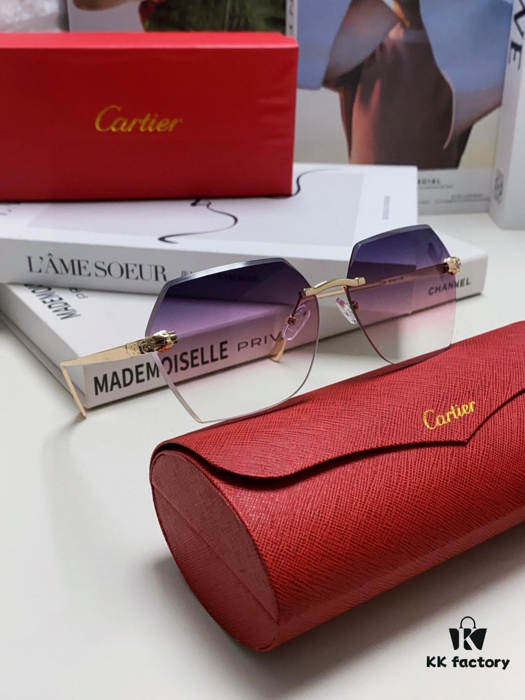 Cartier 2025 New Model Frameless Sunglasses for Women, Classic Leopard Print Temples, Diamond-Cut Edges, Premium Gradient Lenses, Oversized Sunglasses