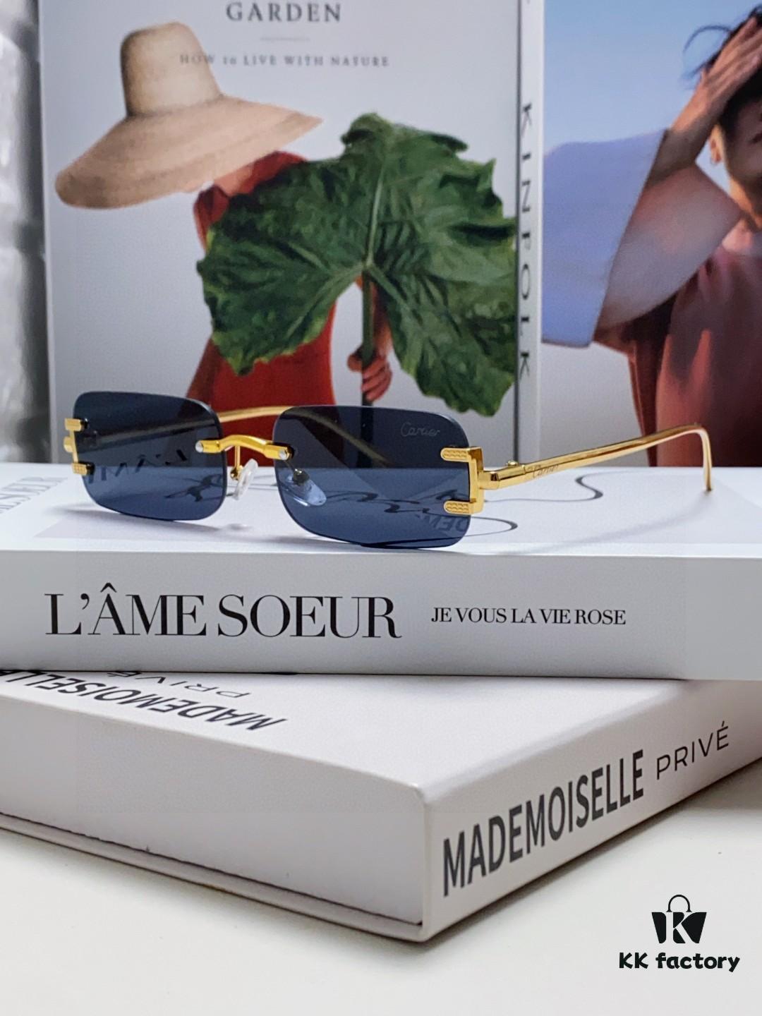 Cartier 2025 New Arrival Square Rimless Cut-out Sunglasses for Women, Slimming and Stylish, Fashionable Ins-style Street Snap Shades, Unique Small Eyewear