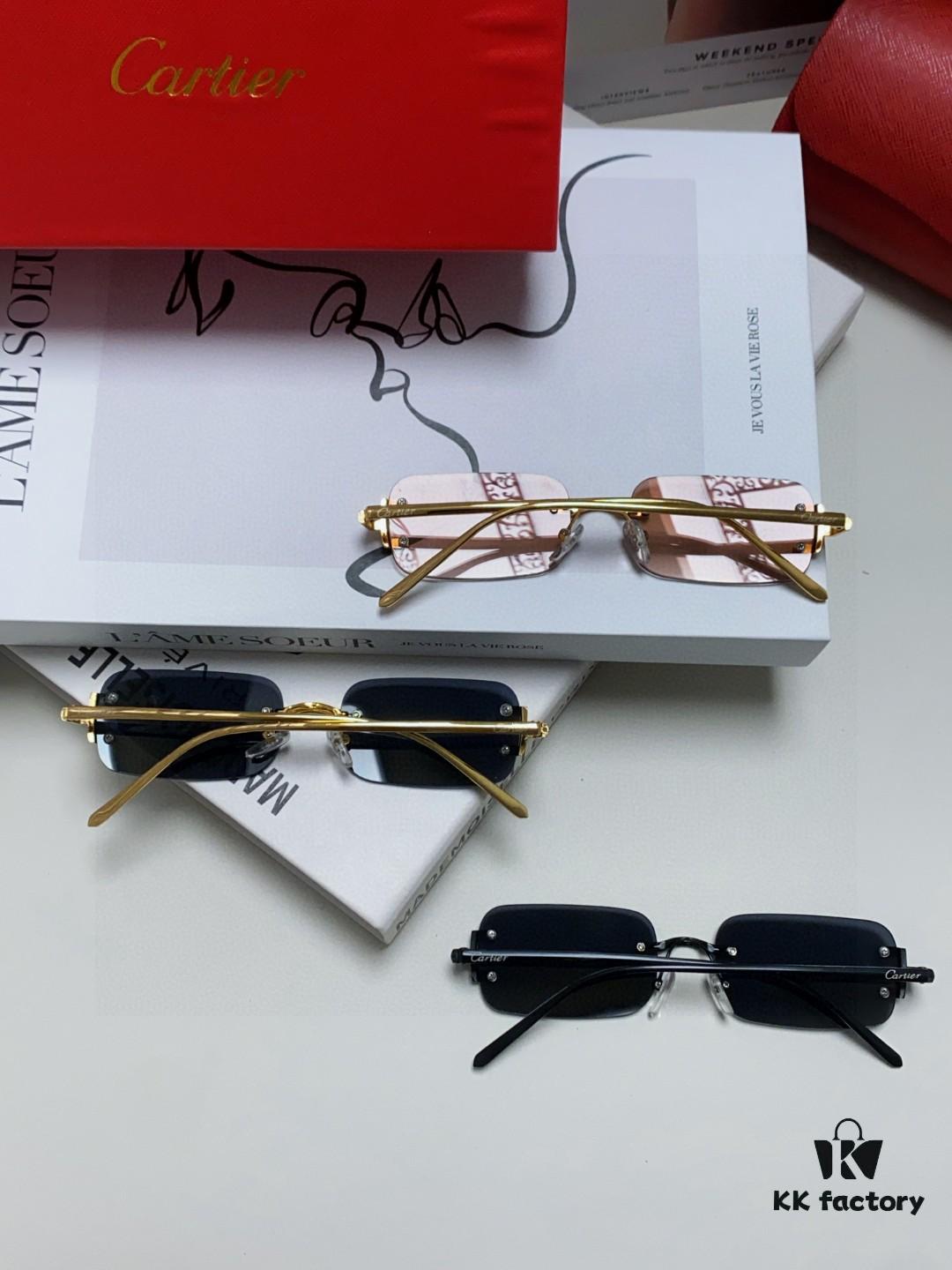 Cartier 2025 New Arrival Square Rimless Cut-out Sunglasses for Women, Slimming and Stylish, Fashionable Ins-style Street Snap Shades, Unique Small Eyewear