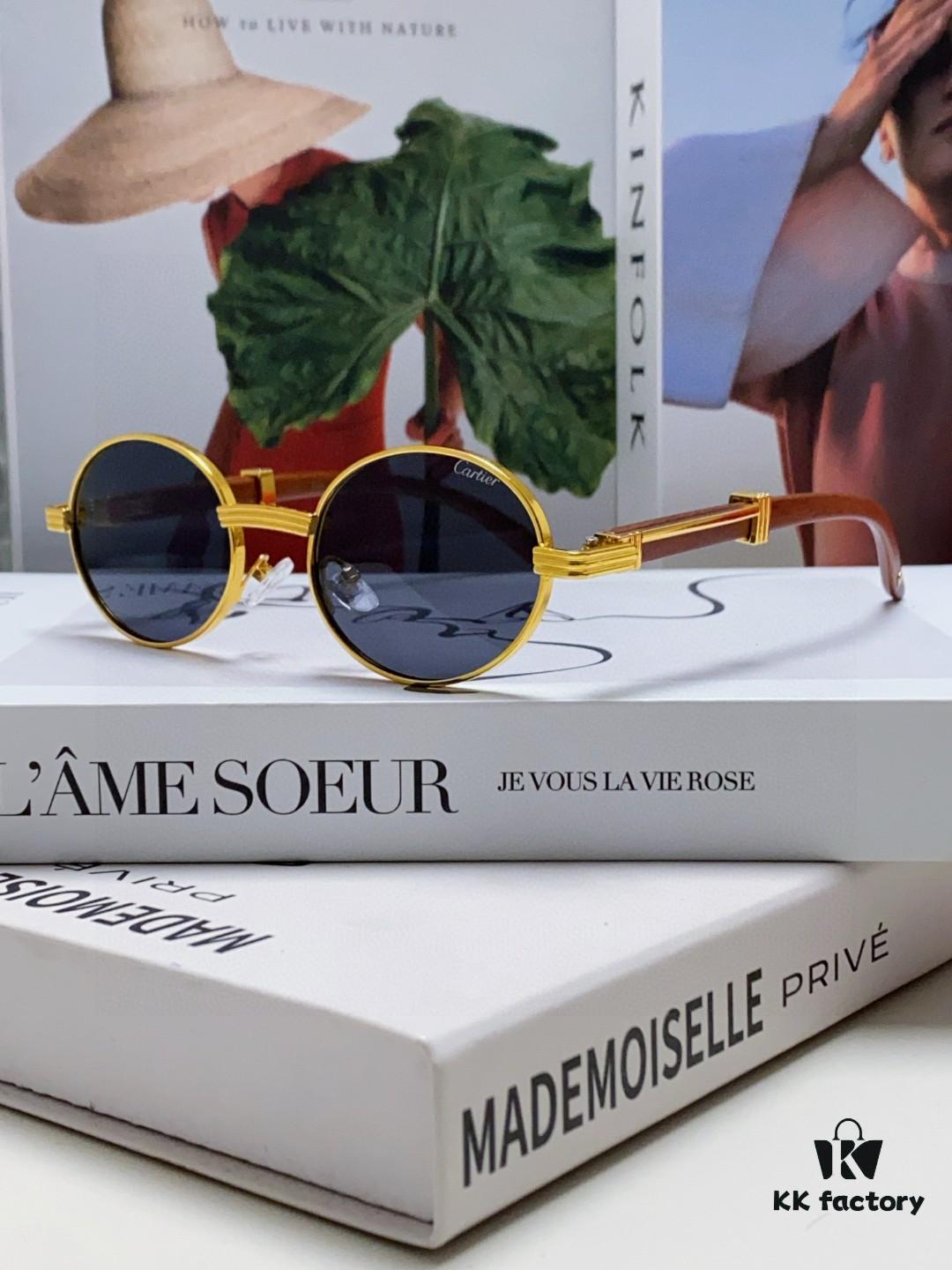 Cartier 2025 New Vintage-Style Wooden Texture Round Sunglasses, Fashionable UV-Protective Unisex Sun Glasses Model CT0464S