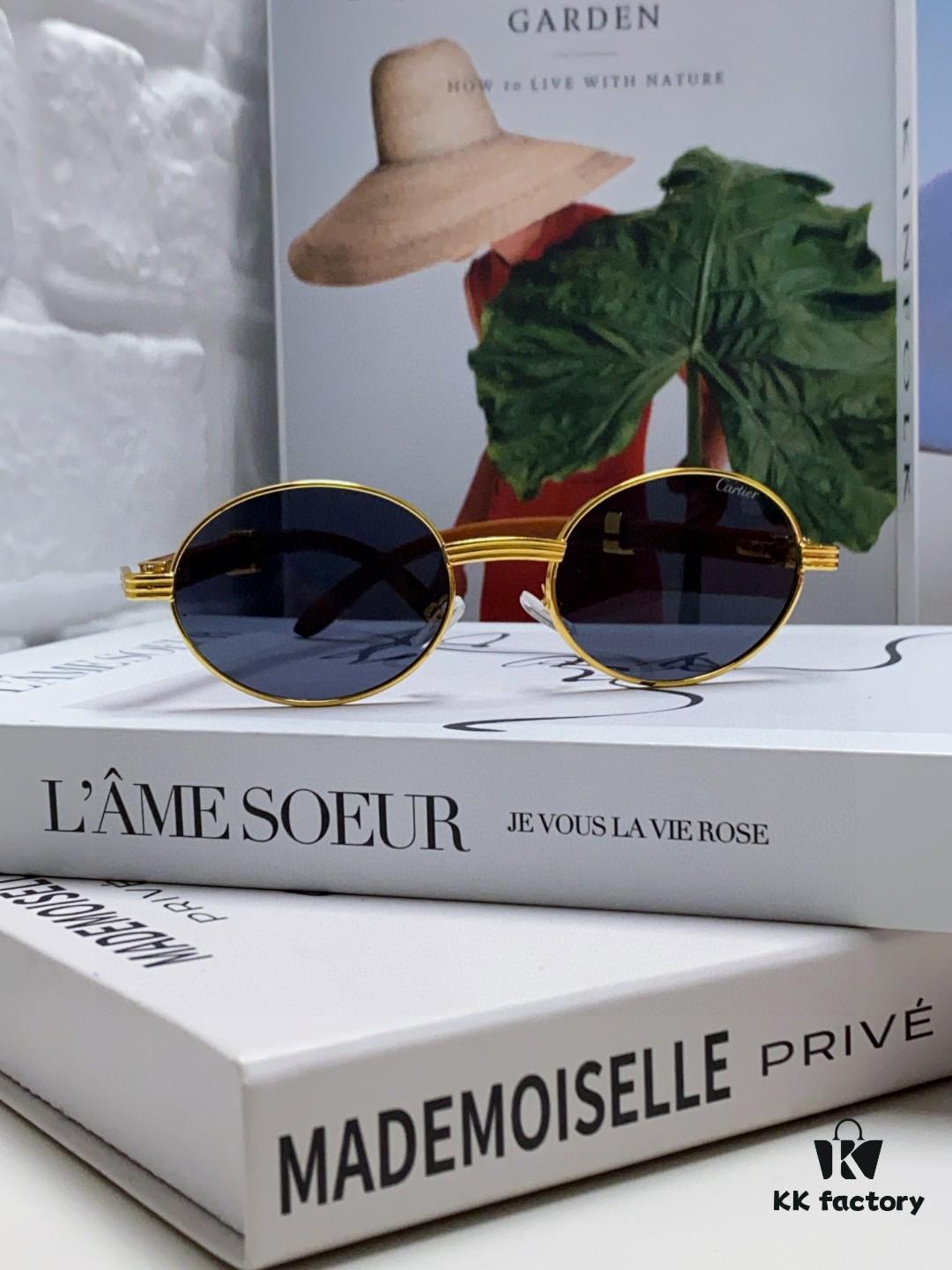 Cartier 2025 New Vintage-Style Wooden Texture Round Sunglasses, Fashionable UV-Protective Unisex Sun Glasses Model CT0464S