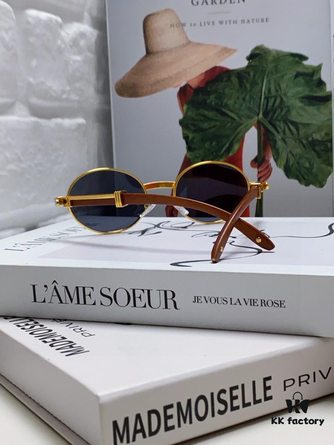 Cartier 2025 New Vintage-Style Wooden Texture Round Sunglasses, Fashionable UV-Protective Unisex Sun Glasses Model CT0464S