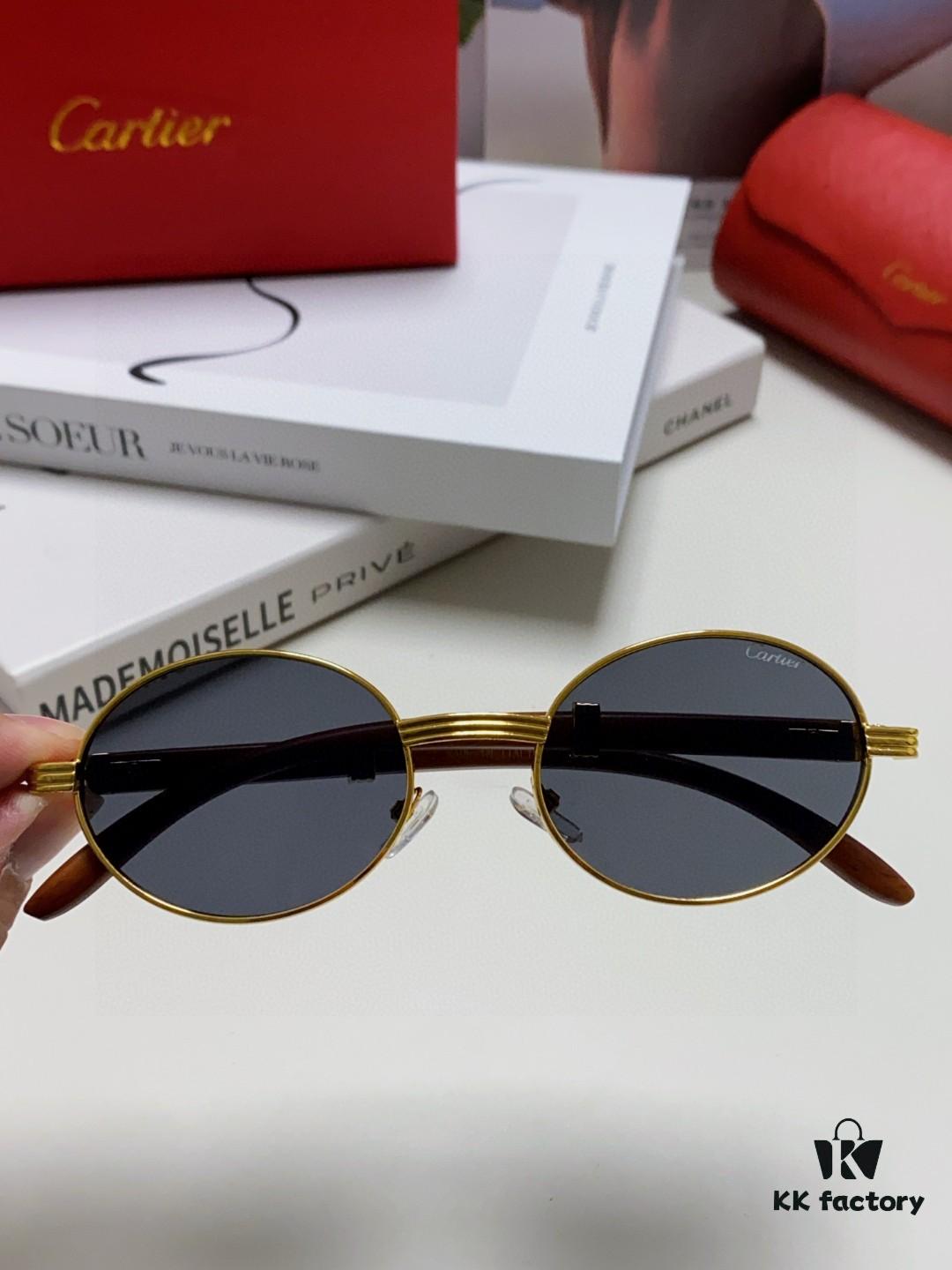 Cartier 2025 New Vintage-Style Wooden Texture Round Sunglasses, Fashionable UV-Protective Unisex Sun Glasses Model CT0464S