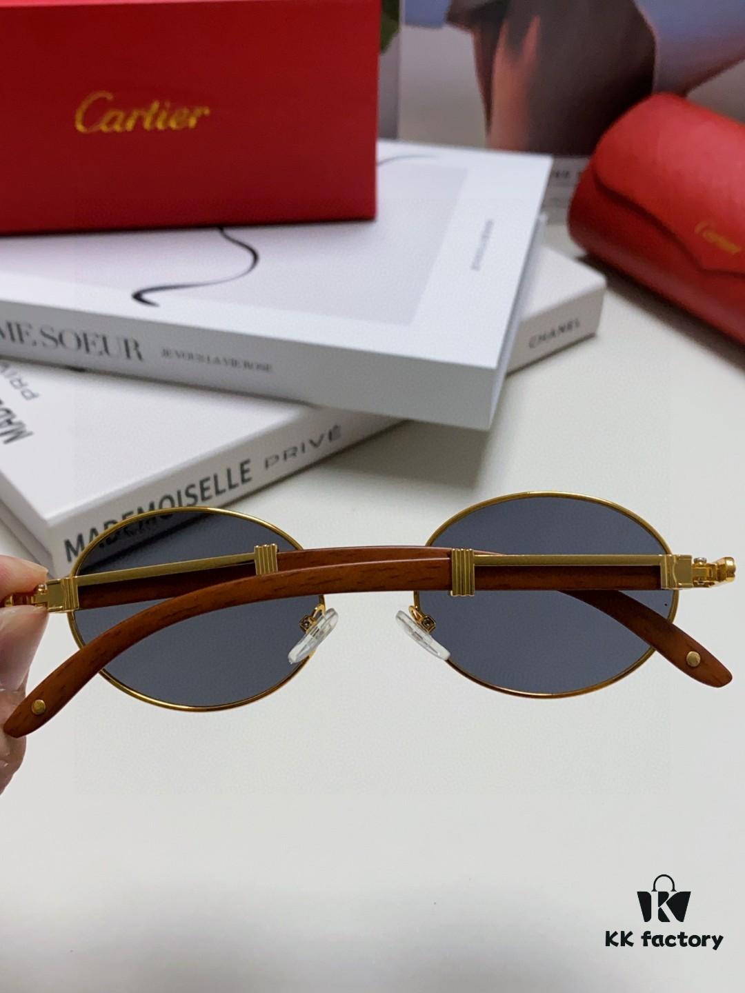 Cartier 2025 New Vintage-Style Wooden Texture Round Sunglasses, Fashionable UV-Protective Unisex Sun Glasses Model CT0464S