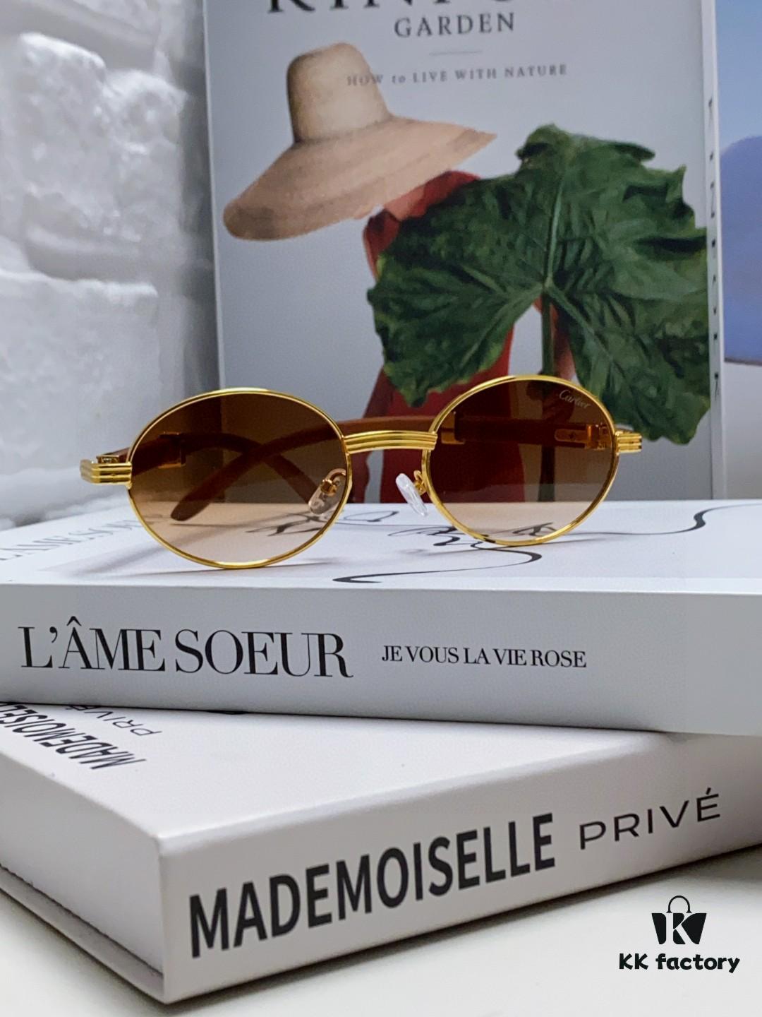 Cartier 2025 New Vintage Style Wooden-Look Round Sunglasses, Fashion UV-Protective Unisex Sun Glasses CT0464S