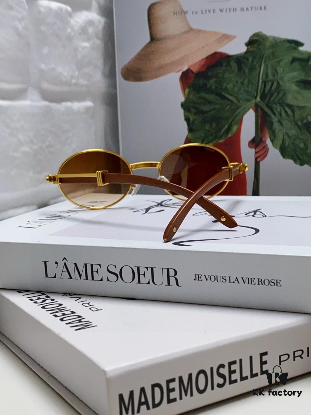 Cartier 2025 New Vintage Style Wooden-Look Round Sunglasses, Fashion UV-Protective Unisex Sun Glasses CT0464S