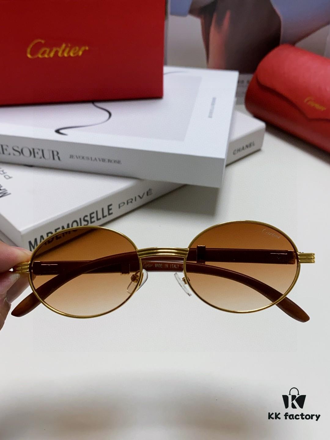 Cartier 2025 New Vintage Style Wooden-Look Round Sunglasses, Fashion UV-Protective Unisex Sun Glasses CT0464S