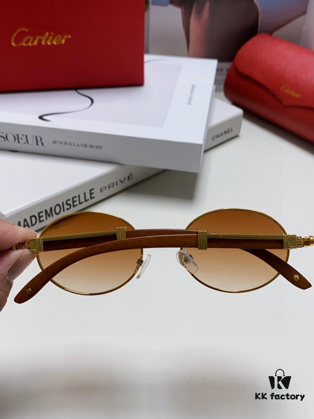 Cartier 2025 New Vintage Style Wooden-Look Round Sunglasses, Fashion UV-Protective Unisex Sun Glasses CT0464S