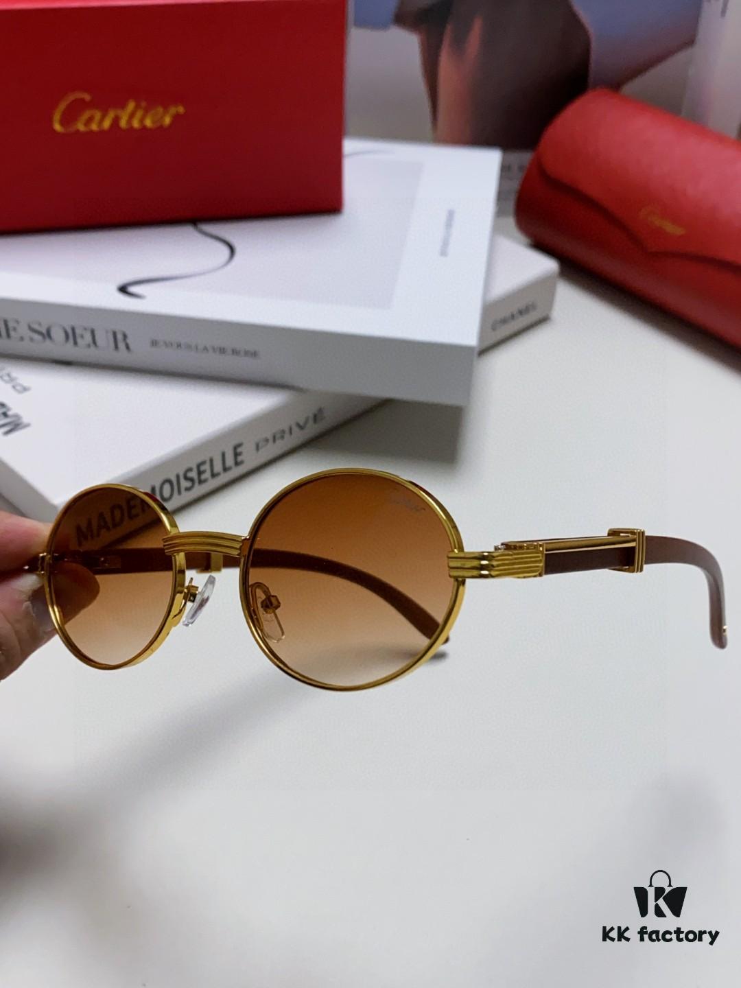 Cartier 2025 New Vintage Style Wooden-Look Round Sunglasses, Fashion UV-Protective Unisex Sun Glasses CT0464S