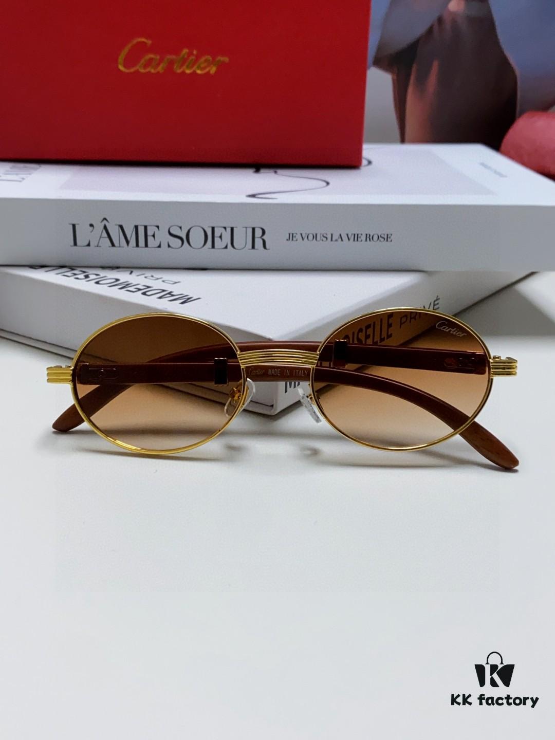 Cartier 2025 New Vintage Style Wooden-Look Round Sunglasses, Fashion UV-Protective Unisex Sun Glasses CT0464S