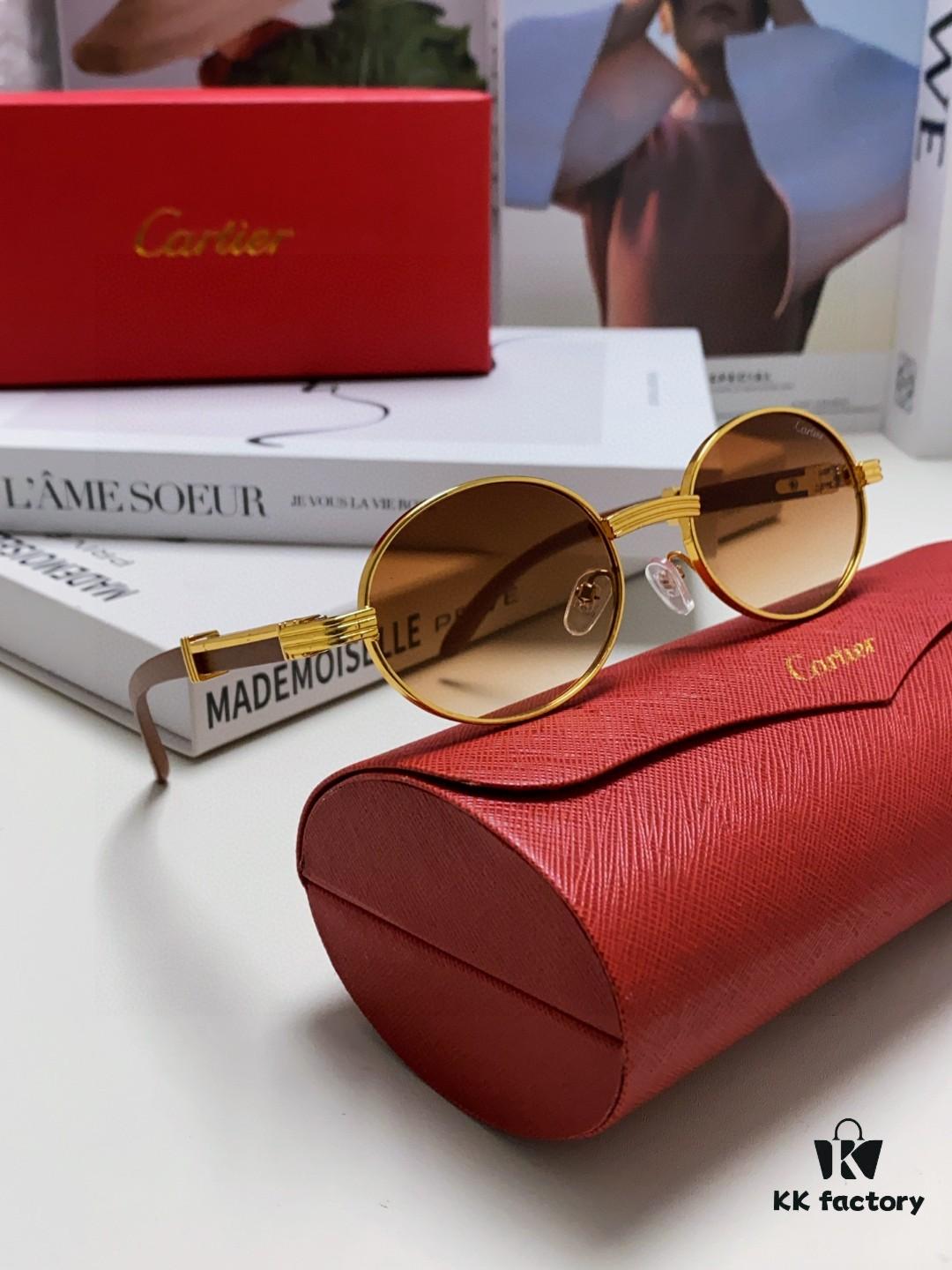 Cartier 2025 New Vintage Style Wooden-Look Round Sunglasses, Fashion UV-Protective Unisex Sun Glasses CT0464S