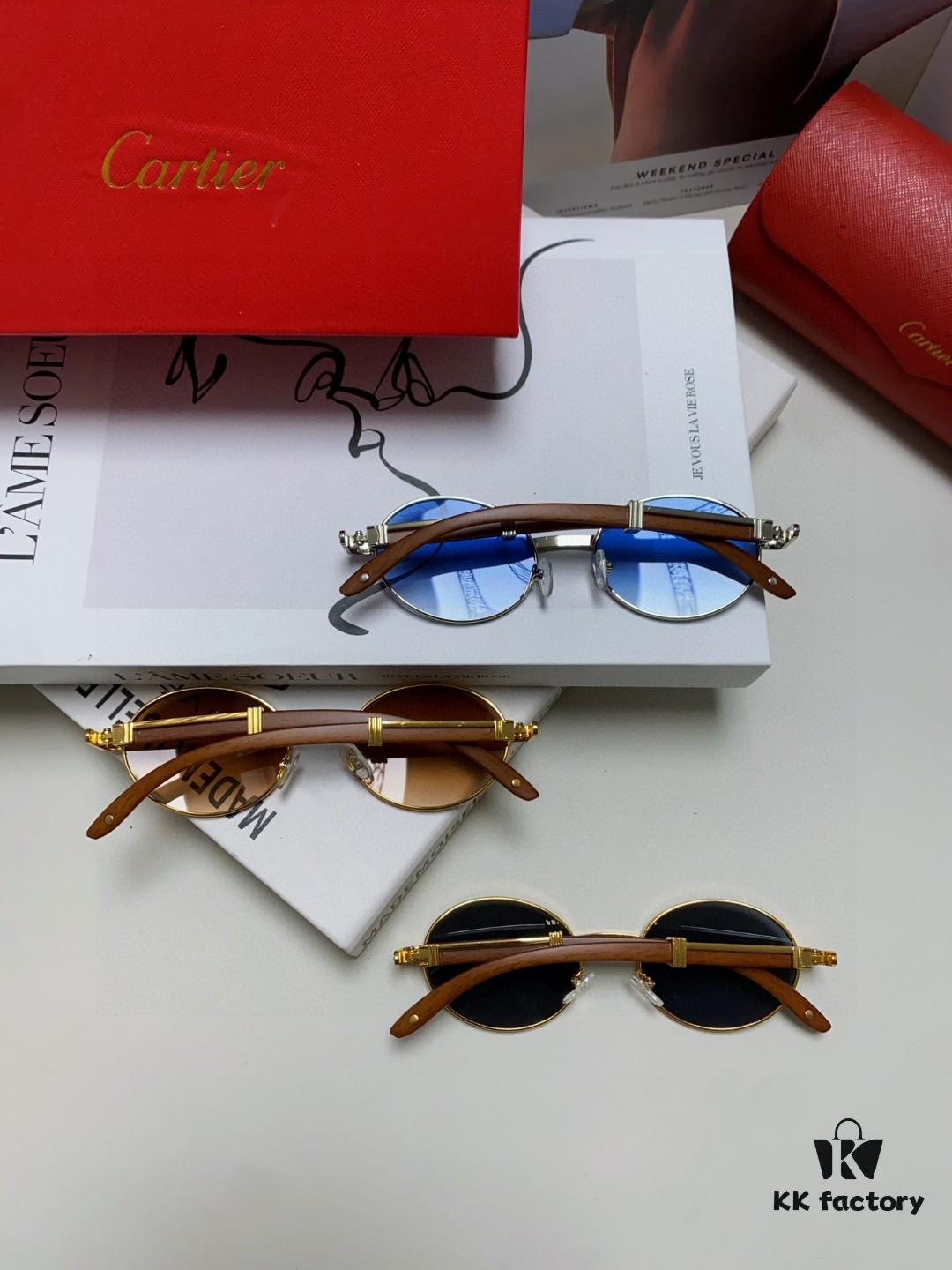 Cartier 2025 New Vintage Style Wooden-Look Round Sunglasses, Fashion UV-Protective Unisex Sun Glasses CT0464S