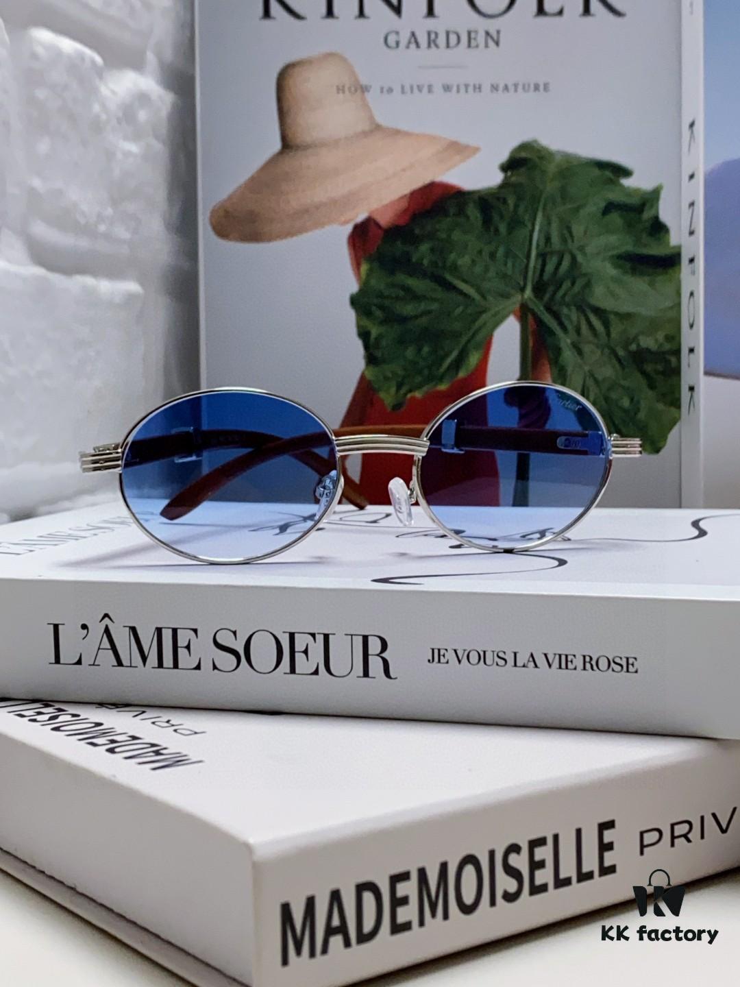 Cartier 2025 New Vintage-Style Wood-Grain Aviator Round Sunglasses, Fashionable UV-Protective Unisex Sun Glasses CT0464S