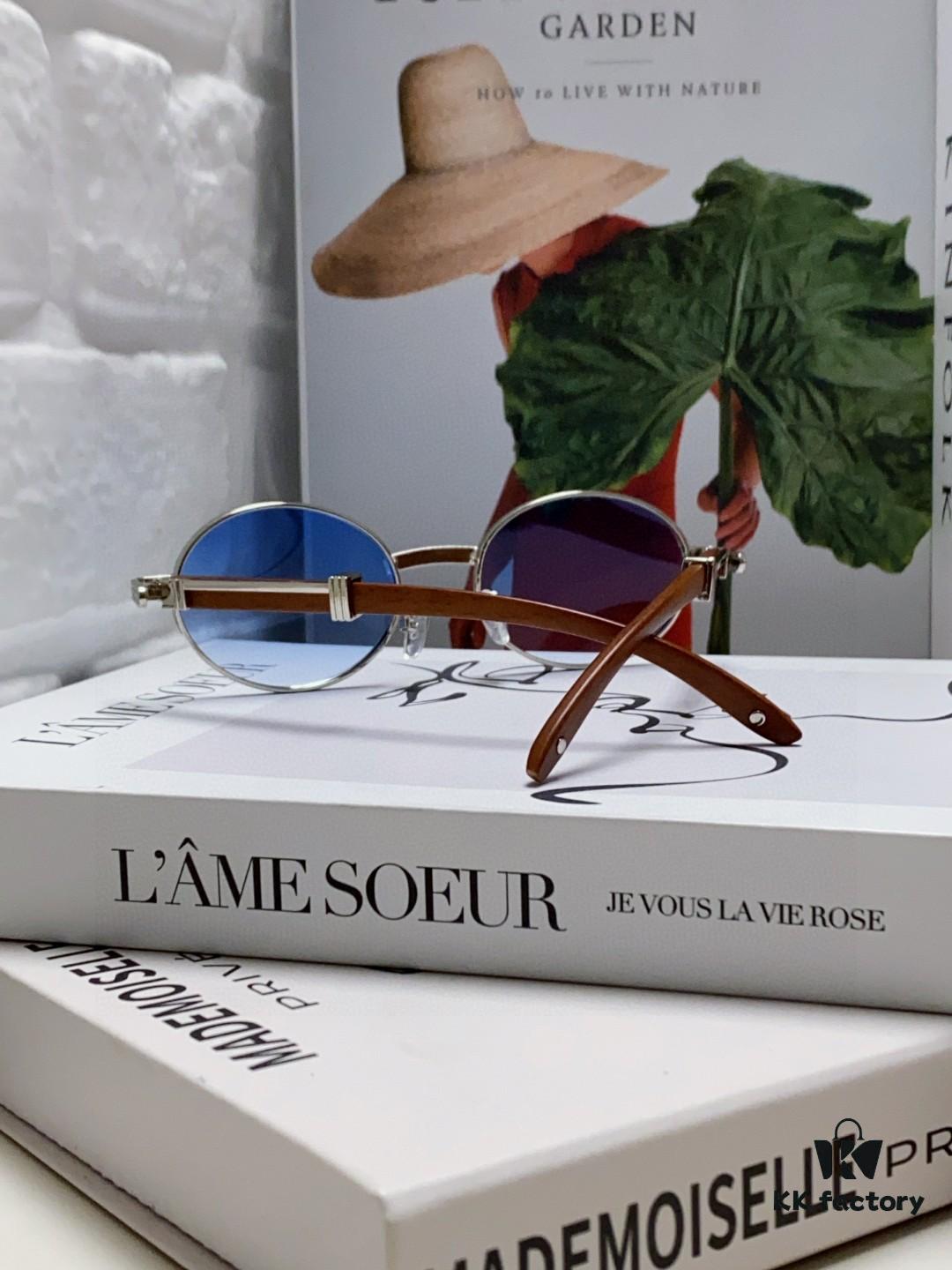 Cartier 2025 New Vintage-Style Wood-Grain Aviator Round Sunglasses, Fashionable UV-Protective Unisex Sun Glasses CT0464S