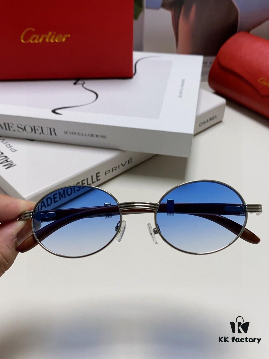 Cartier 2025 New Vintage-Style Wood-Grain Aviator Round Sunglasses, Fashionable UV-Protective Unisex Sun Glasses CT0464S