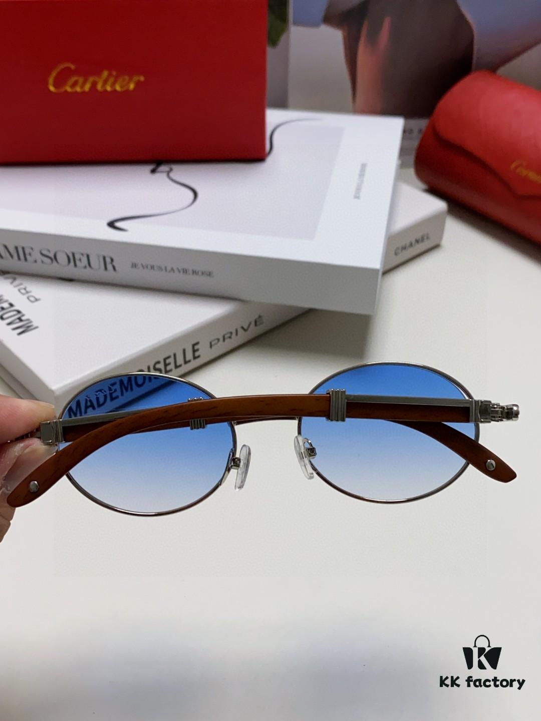 Cartier 2025 New Vintage-Style Wood-Grain Aviator Round Sunglasses, Fashionable UV-Protective Unisex Sun Glasses CT0464S