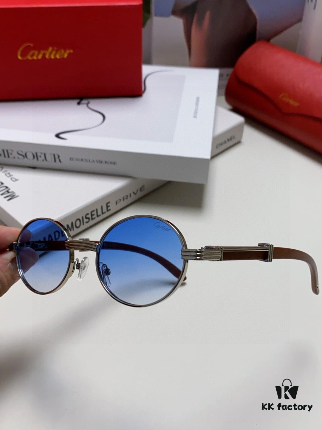 Cartier 2025 New Vintage-Style Wood-Grain Aviator Round Sunglasses, Fashionable UV-Protective Unisex Sun Glasses CT0464S