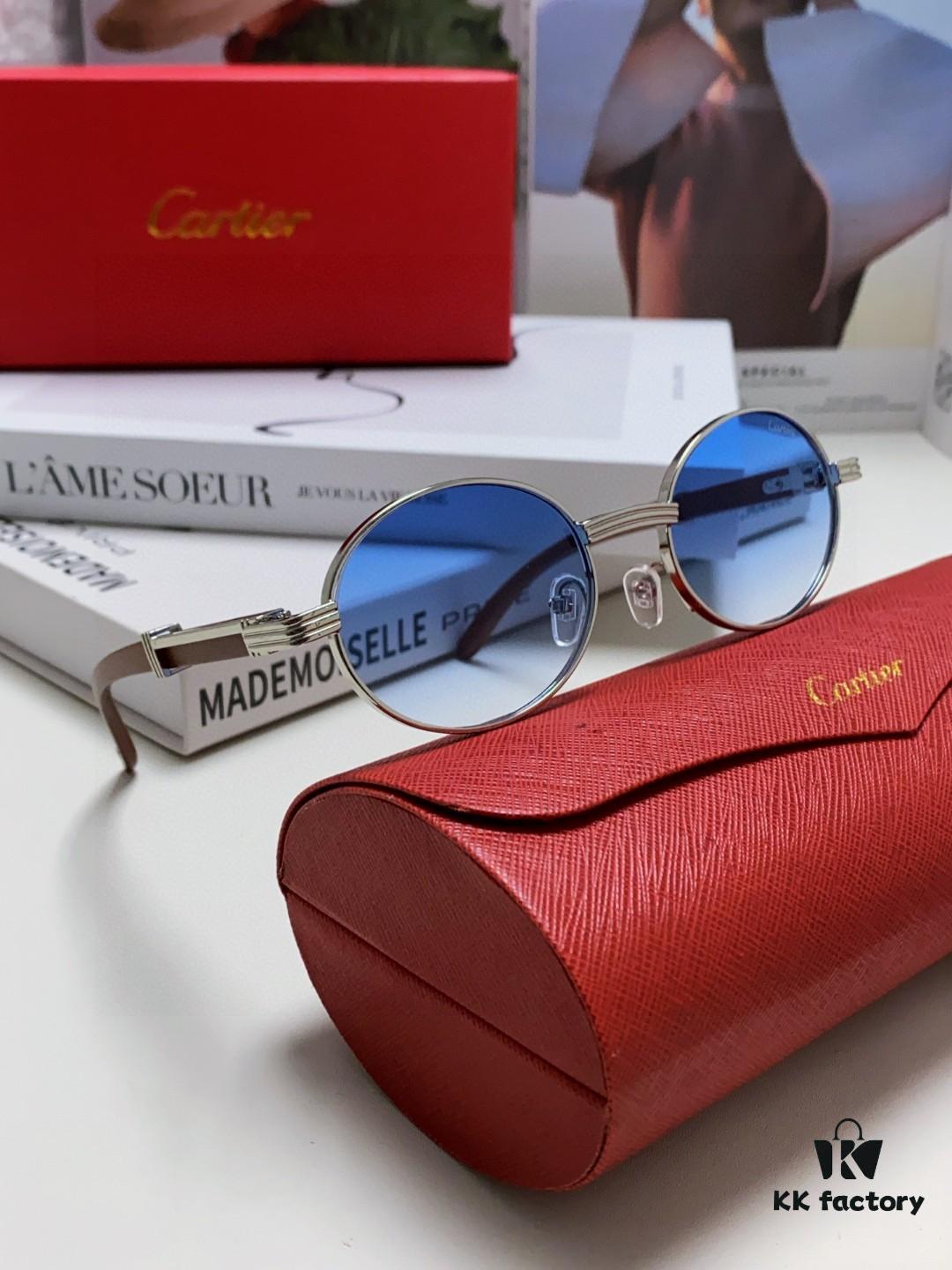 Cartier 2025 New Vintage-Style Wood-Grain Aviator Round Sunglasses, Fashionable UV-Protective Unisex Sun Glasses CT0464S