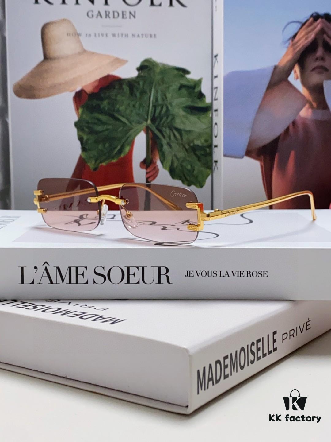 Cartier 2024 New Square Frameless Cut-out Sunglasses for Women, Slimming and Stylish, European and American Fashion INS-style Street Snap Cool Sunglasses, Trendy Small Eyewear