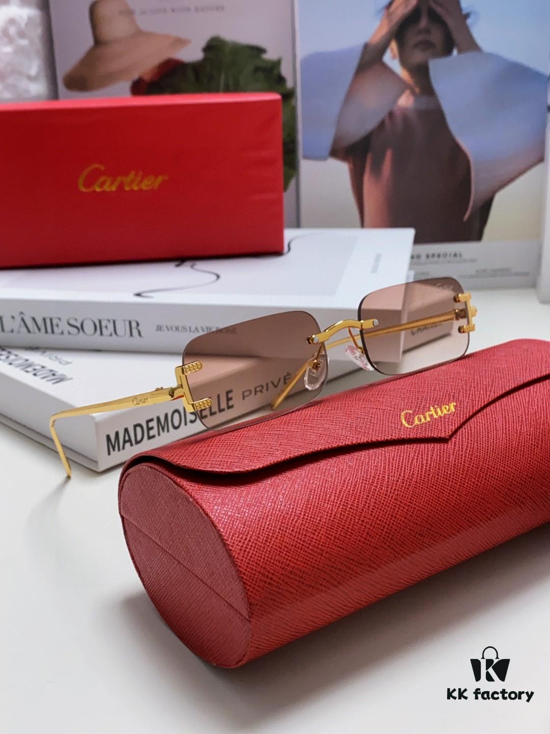 Cartier 2024 New Square Frameless Cut-out Sunglasses for Women, Slimming and Stylish, European and American Fashion INS-style Street Snap Cool Sunglasses, Trendy Small Eyewear