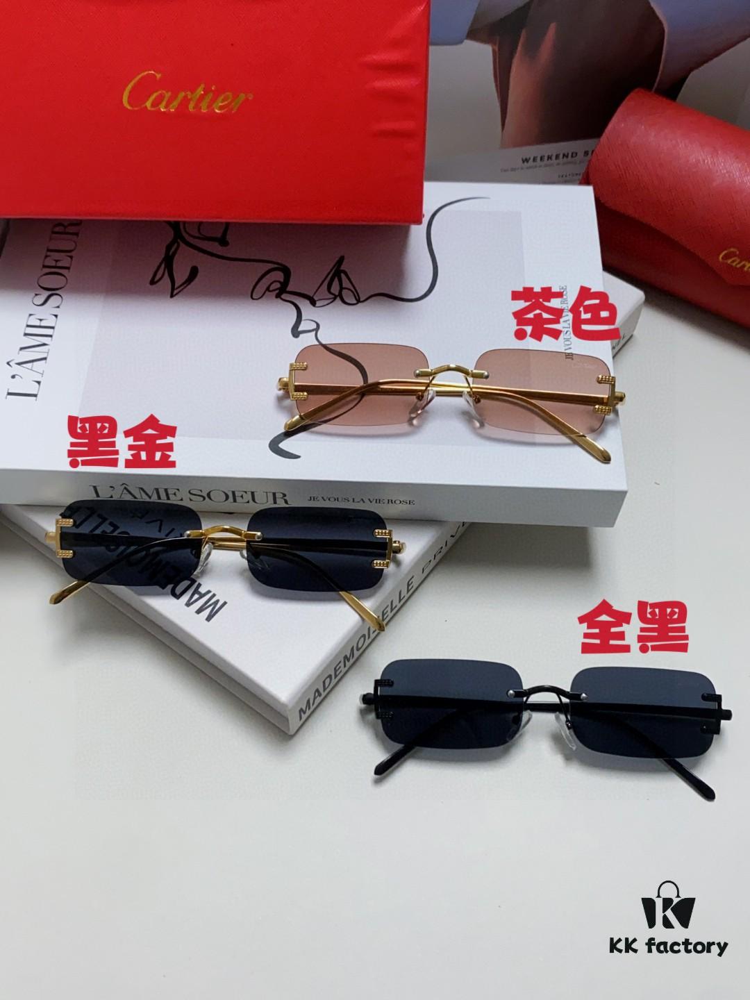 Cartier 2024 New Square Frameless Cut-out Sunglasses for Women, Slimming and Stylish, European and American Fashion INS-style Street Snap Cool Sunglasses, Trendy Small Eyewear