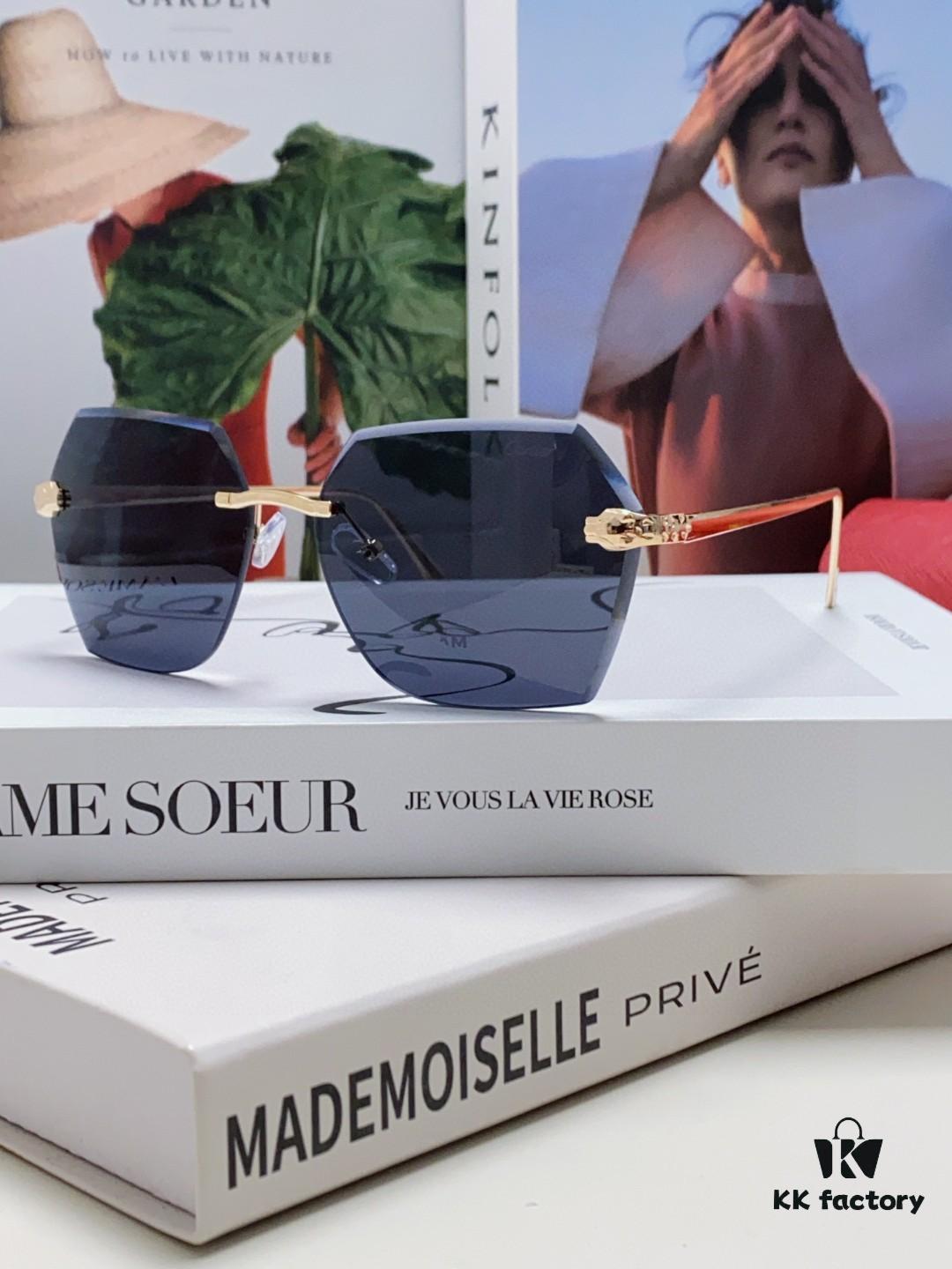 Cartier 2024 New Frameless Sunglasses for Women, Classic Leopard Print Temples, Diamond-Cut Edges, Gradient Lenses, Oversized Luxury Sunglasses