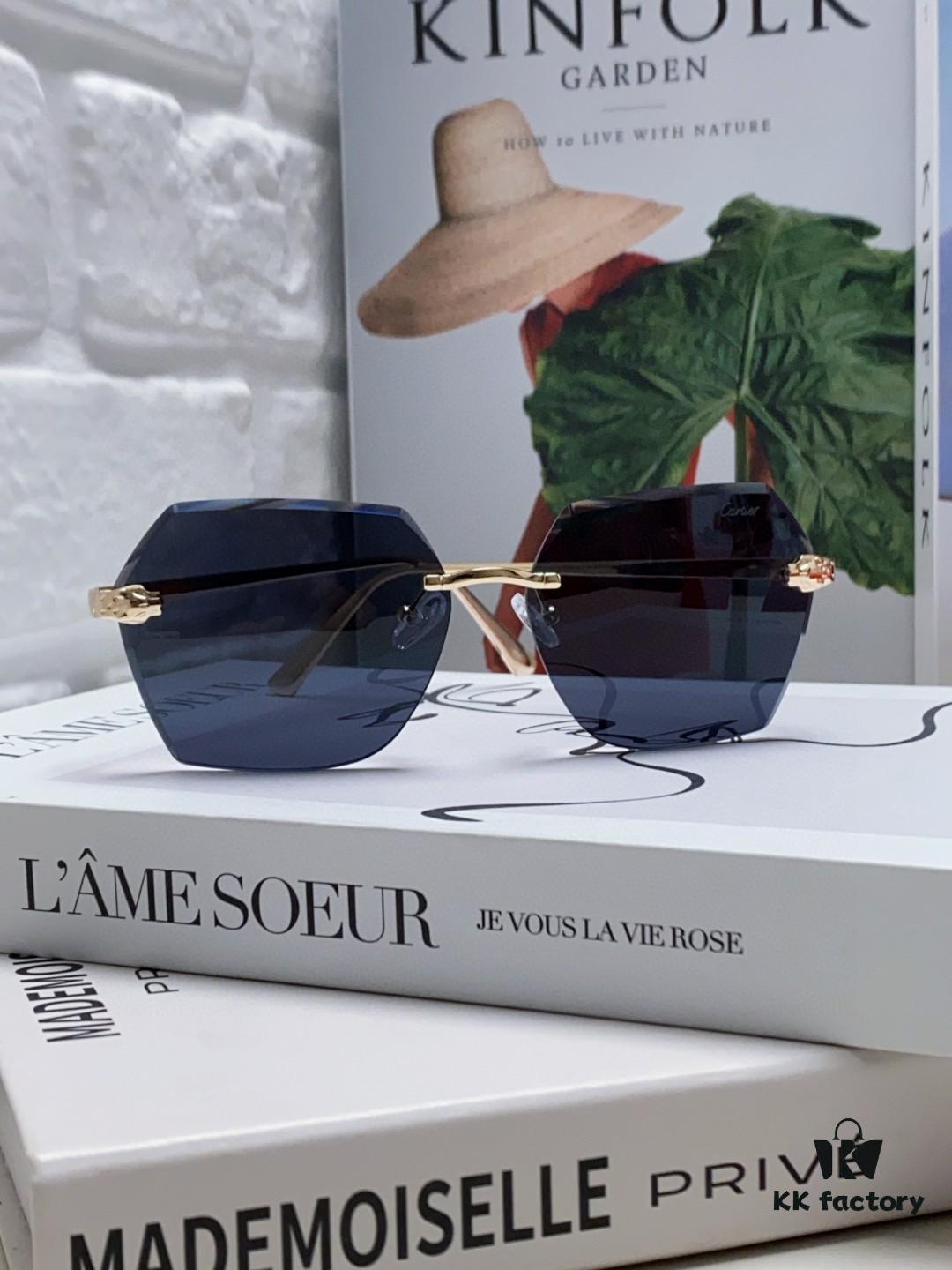 Cartier 2024 New Frameless Sunglasses for Women, Classic Leopard Print Temples, Diamond-Cut Edges, Gradient Lenses, Oversized Luxury Sunglasses