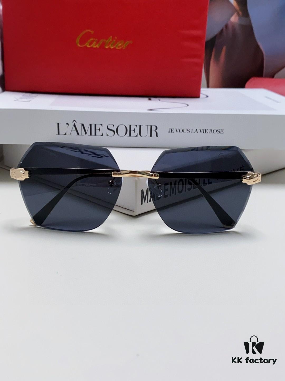 Cartier 2024 New Frameless Sunglasses for Women, Classic Leopard Print Temples, Diamond-Cut Edges, Gradient Lenses, Oversized Luxury Sunglasses