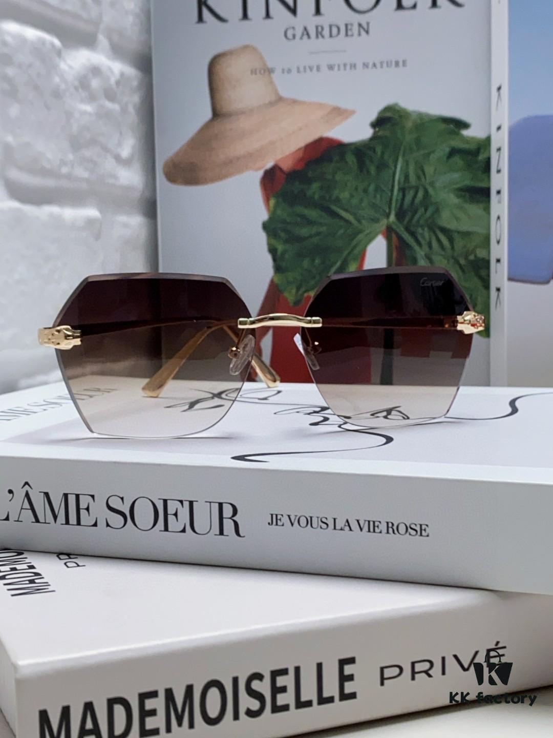 Cartier 2024 New Collection Frameless Sunglasses for Women, Classic Leopard-Print Temples, Diamond-Cut Edges, Premium Gradient Lenses, Oversized Sun Glasses