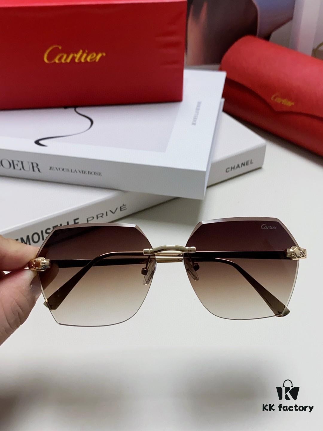 Cartier 2024 New Collection Frameless Sunglasses for Women, Classic Leopard-Print Temples, Diamond-Cut Edges, Premium Gradient Lenses, Oversized Sun Glasses