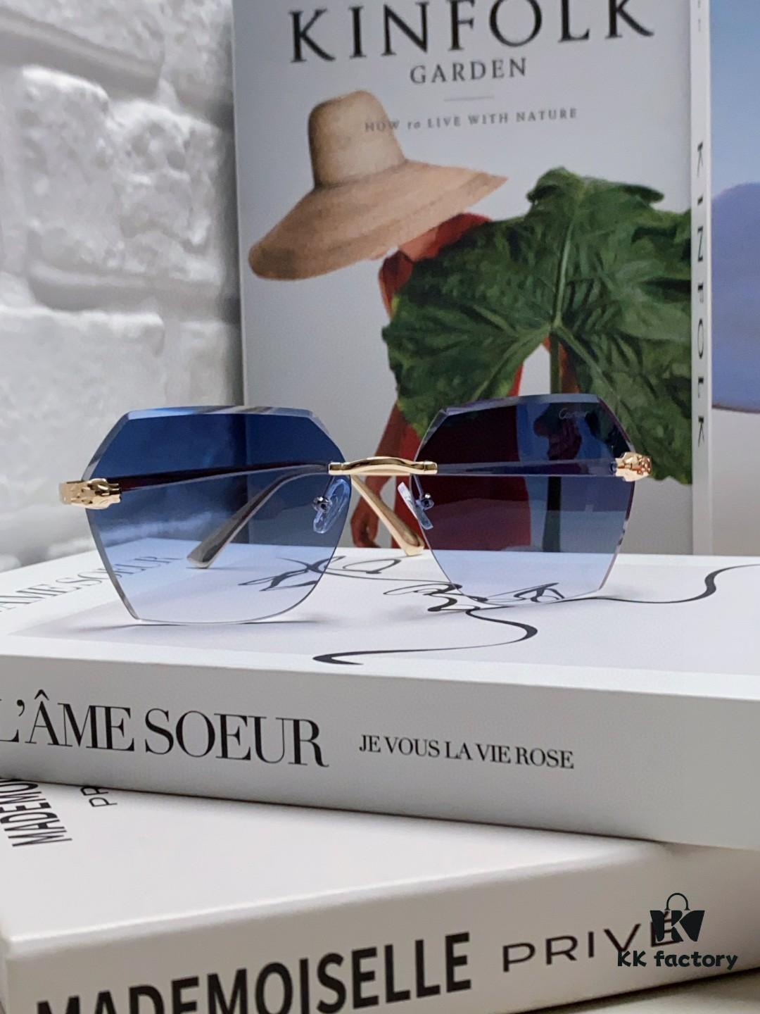 Cartier 2024 New Unframed Sunglasses for Women, Classic Leopard Print Temples, Diamond-Cut Edges, Gradient Lenses, Oversized Sunglasses