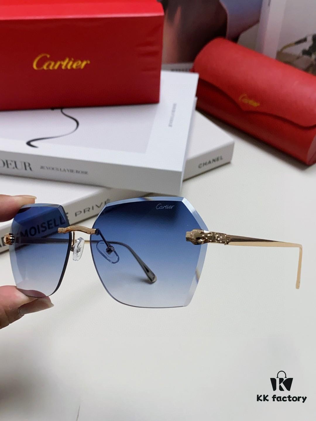 Cartier 2024 New Unframed Sunglasses for Women, Classic Leopard Print Temples, Diamond-Cut Edges, Gradient Lenses, Oversized Sunglasses
