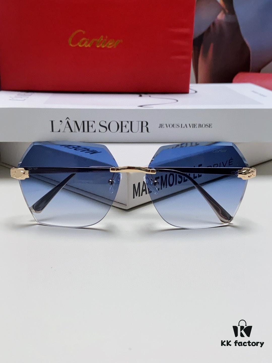 Cartier 2024 New Unframed Sunglasses for Women, Classic Leopard Print Temples, Diamond-Cut Edges, Gradient Lenses, Oversized Sunglasses