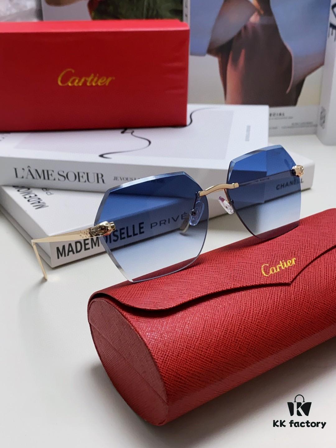 Cartier 2024 New Unframed Sunglasses for Women, Classic Leopard Print Temples, Diamond-Cut Edges, Gradient Lenses, Oversized Sunglasses