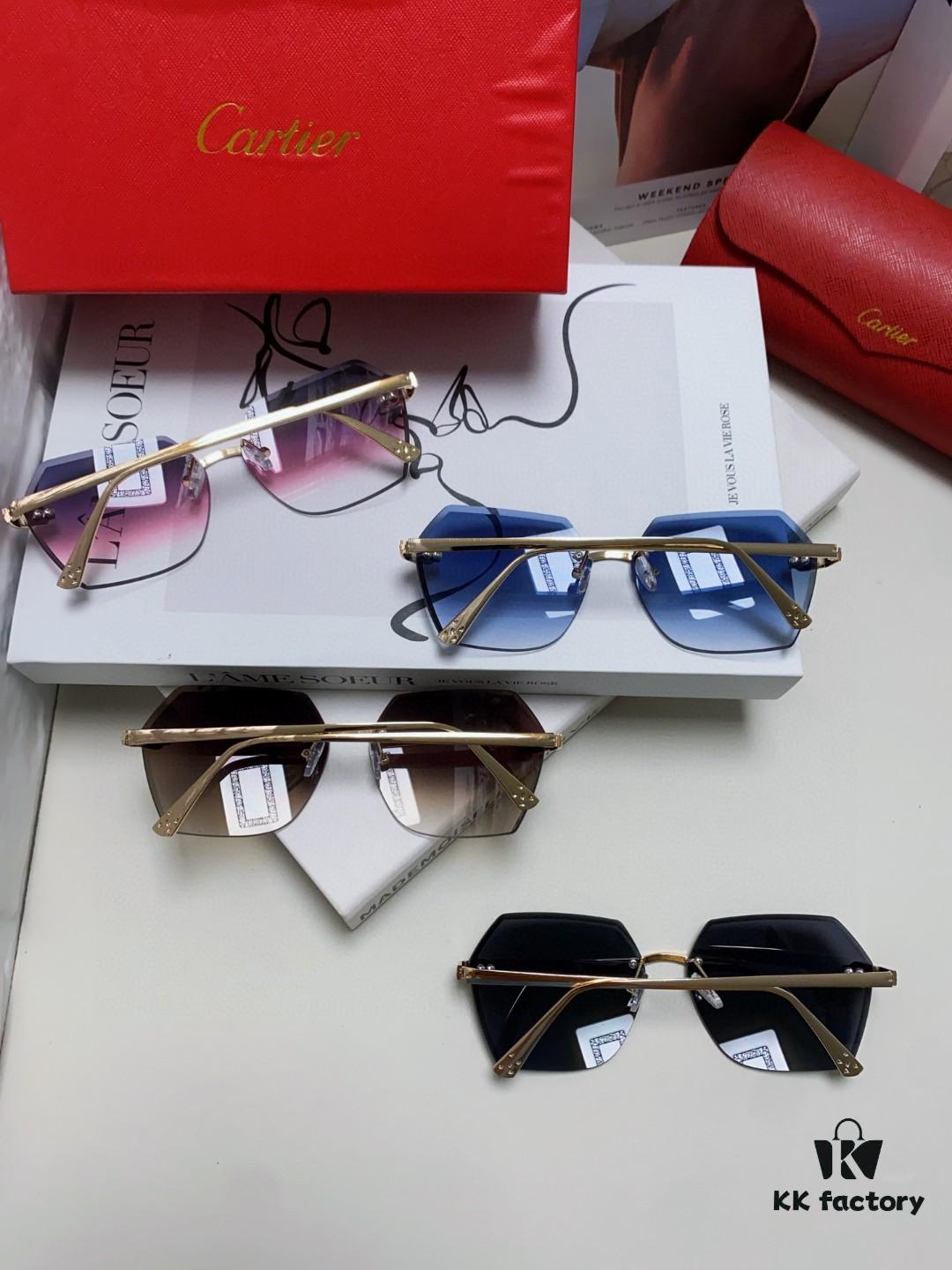 Cartier 2024 New Unframed Sunglasses for Women, Classic Leopard Print Temples, Diamond-Cut Edges, Gradient Lenses, Oversized Sunglasses