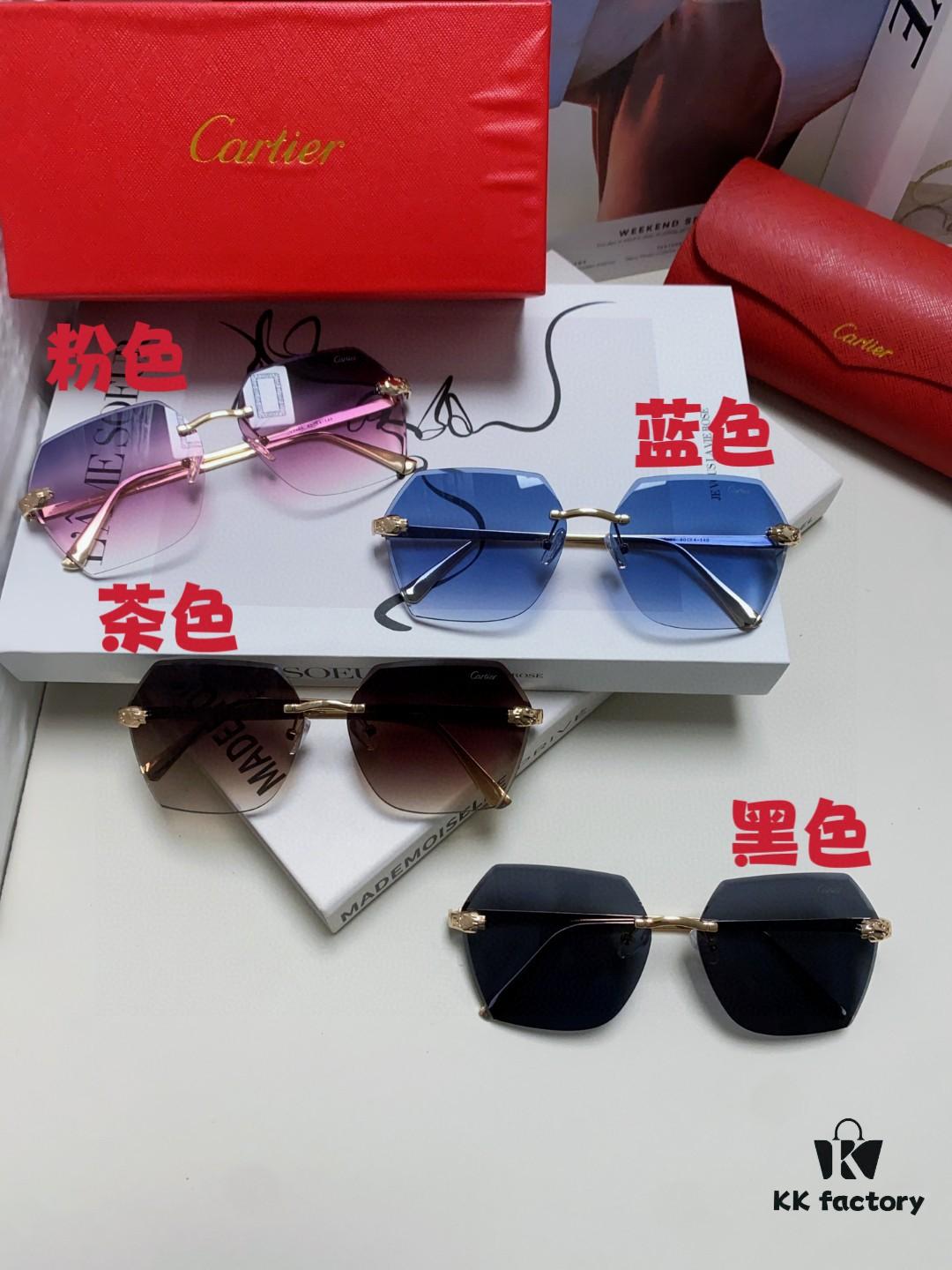 Cartier 2024 New Unframed Sunglasses for Women, Classic Leopard Print Temples, Diamond-Cut Edges, Gradient Lenses, Oversized Sunglasses