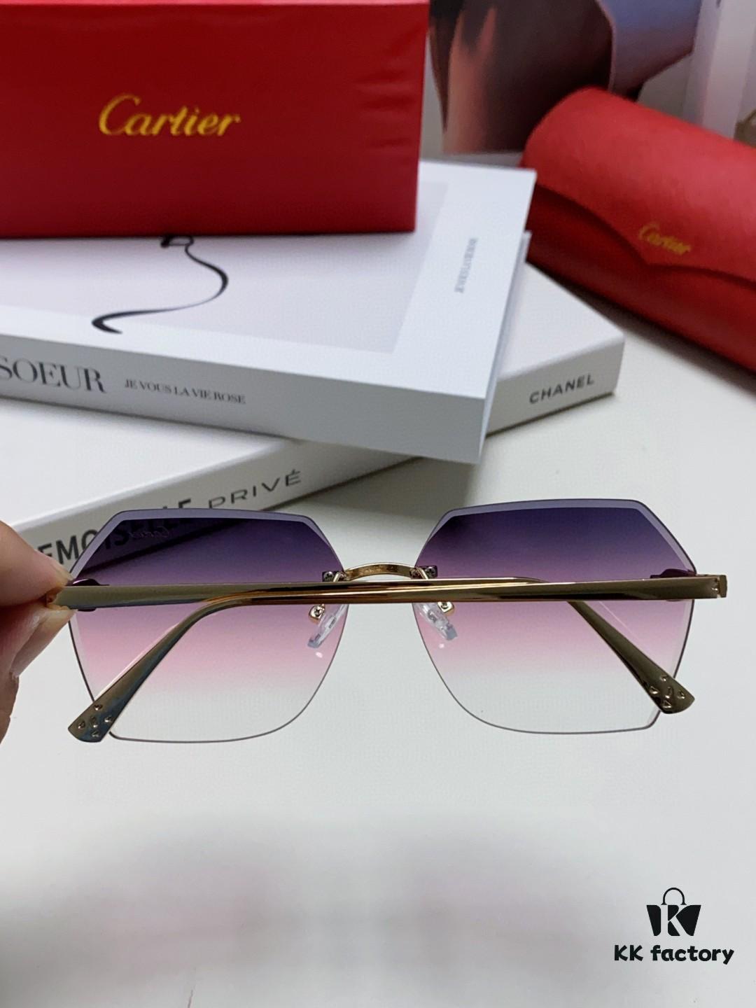 Cartier 2024 New Model Frameless Sunglasses for Women, Classic Leopard Print Temples, Diamond-Cut Edges, Gradient Lenses, Oversized Luxury Sunglasses