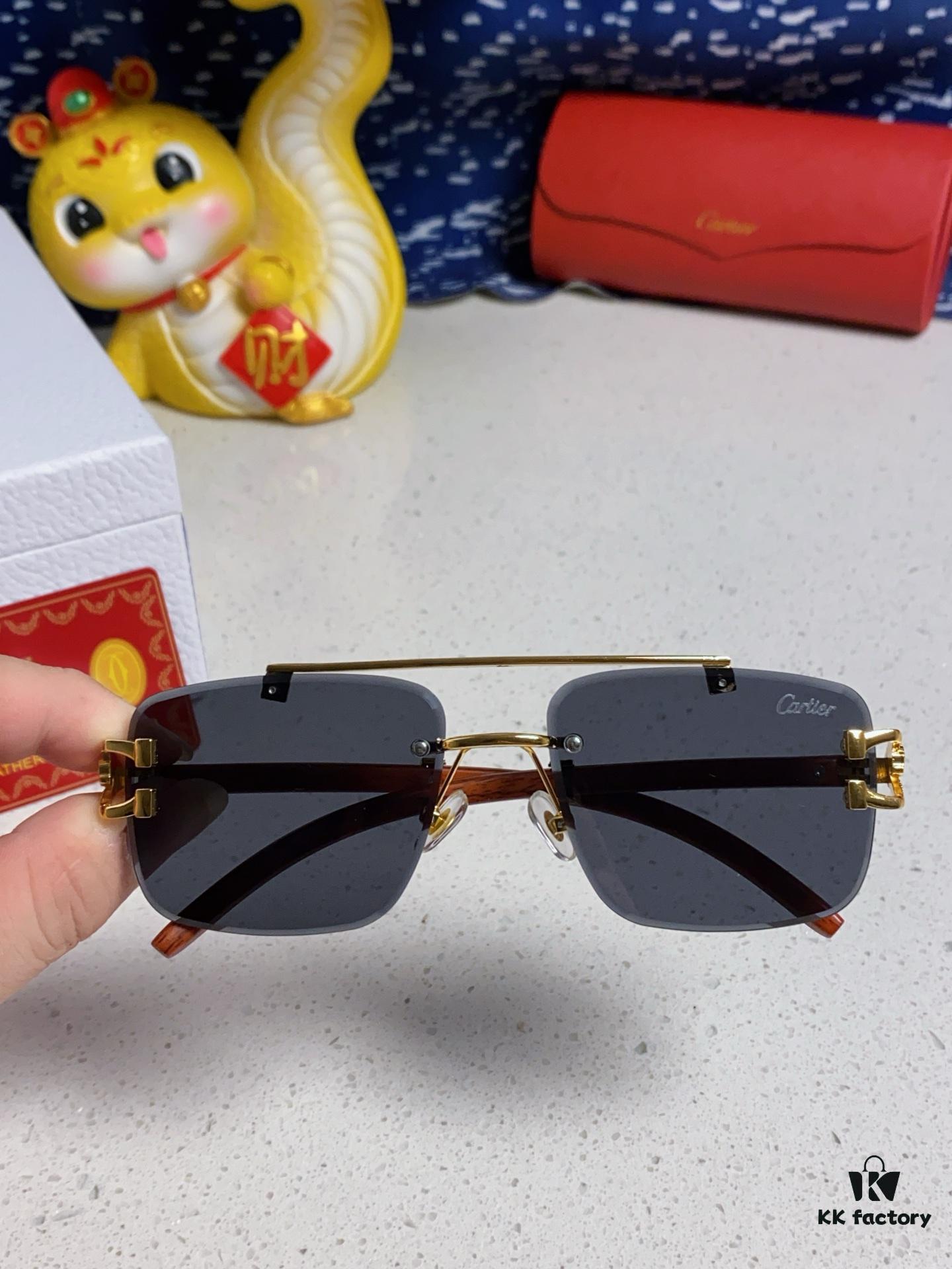 Cartier 2025 New Arrival Wooden Texture Panther Decorated Frameless Bar Square Sunglasses, Gradient Color Tinted Lens, Fashion Retro Street Style Sun Glasses