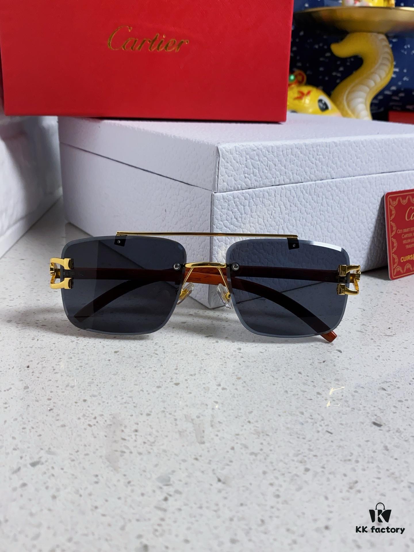 Cartier 2025 New Arrival Wooden Texture Panther Decorated Frameless Bar Square Sunglasses, Gradient Color Tinted Lens, Fashion Retro Street Style Sun Glasses
