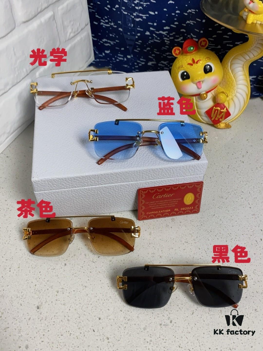 Cartier 2025 New Arrival Wooden Texture Panther Decorated Frameless Bar Square Sunglasses, Fashionable Retro Gradient Color Tinted Glasses for Street Photography