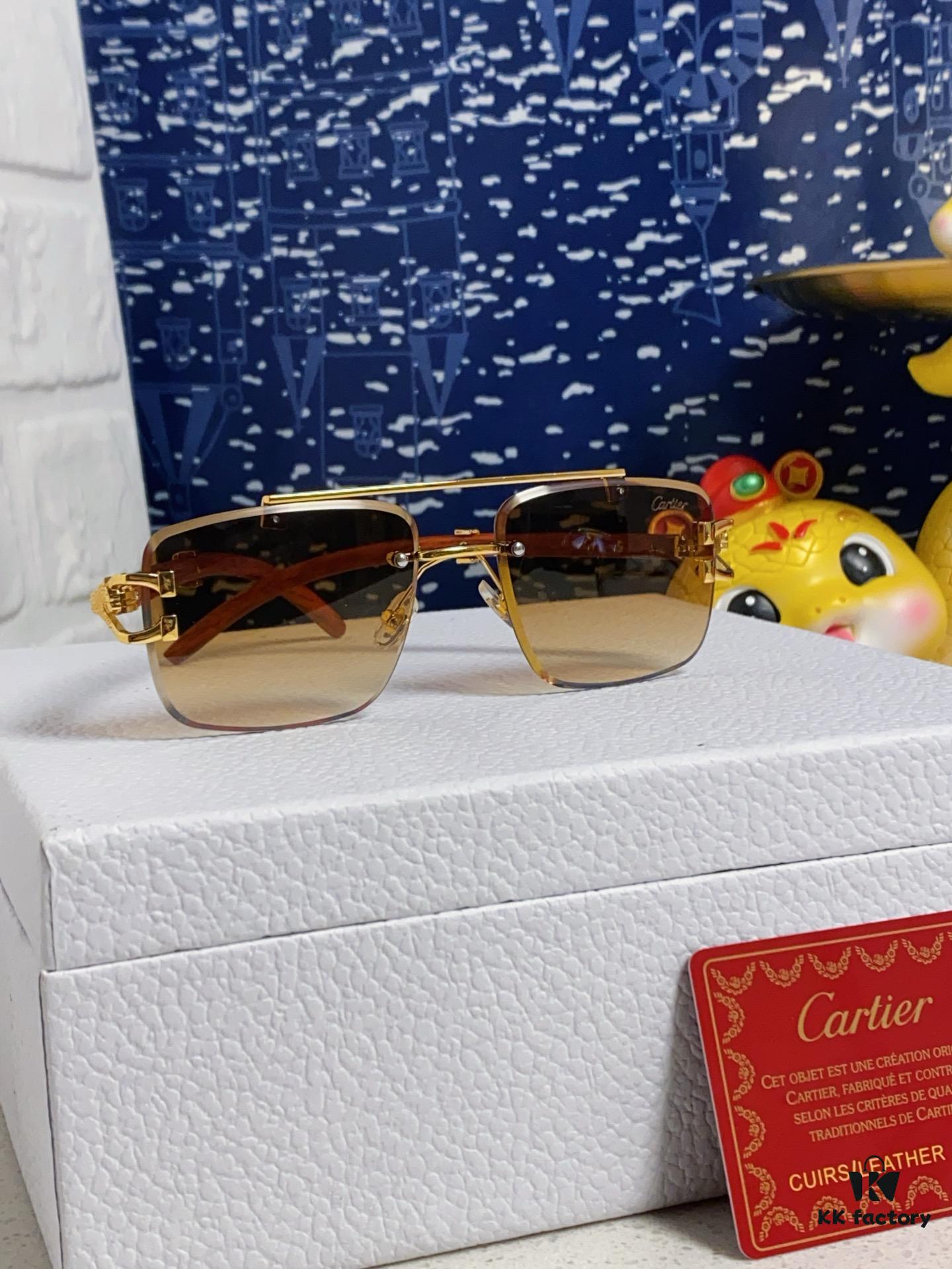 Cartier 2025 New Wooden Texture Panther Decorated Frameless Bar Square Sunglasses, Fashionable Retro Gradient Color Sunglasses for Street Snap