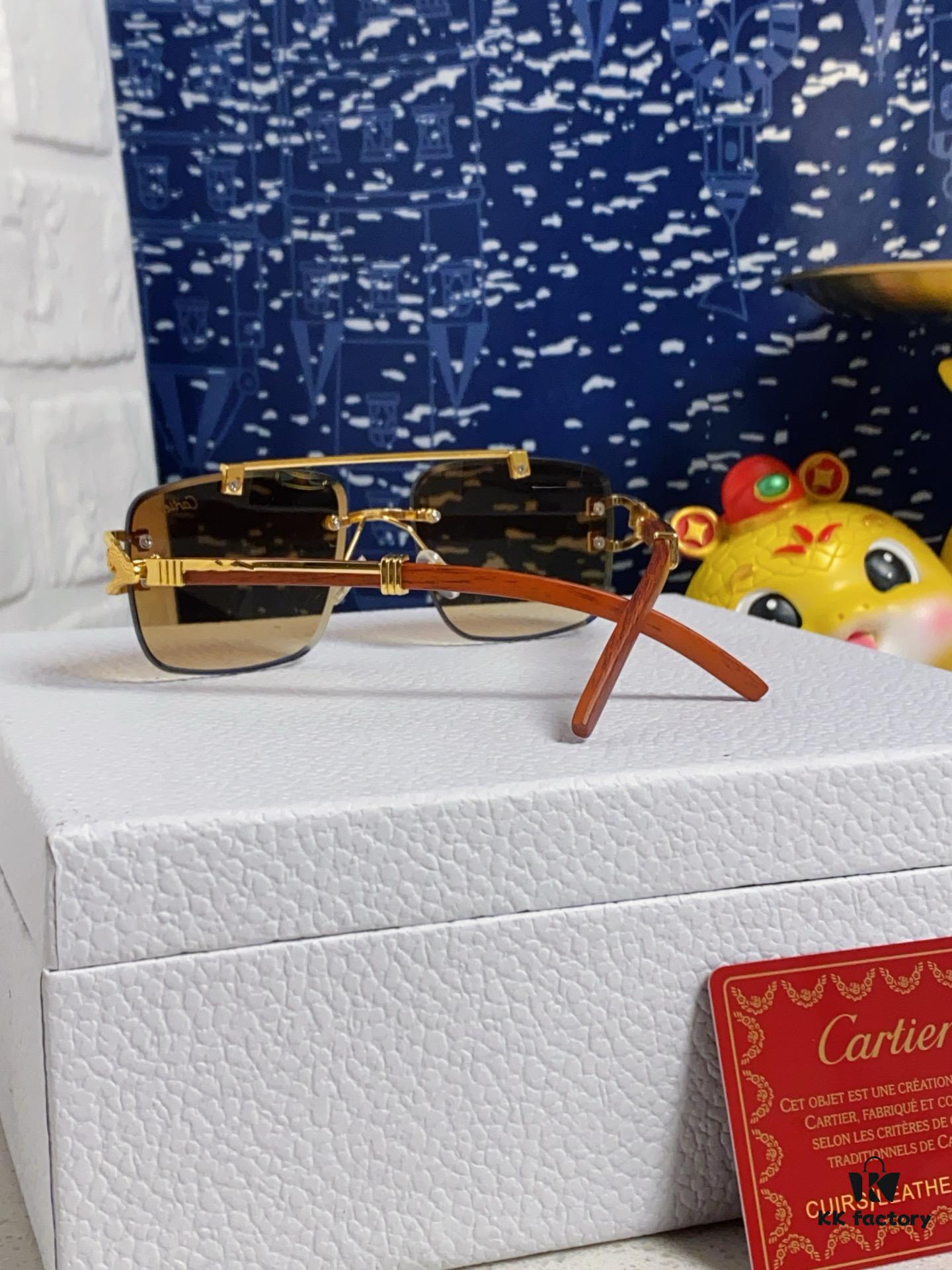 Cartier 2025 New Wooden Texture Panther Decorated Frameless Bar Square Sunglasses, Fashionable Retro Gradient Color Sunglasses for Street Snap