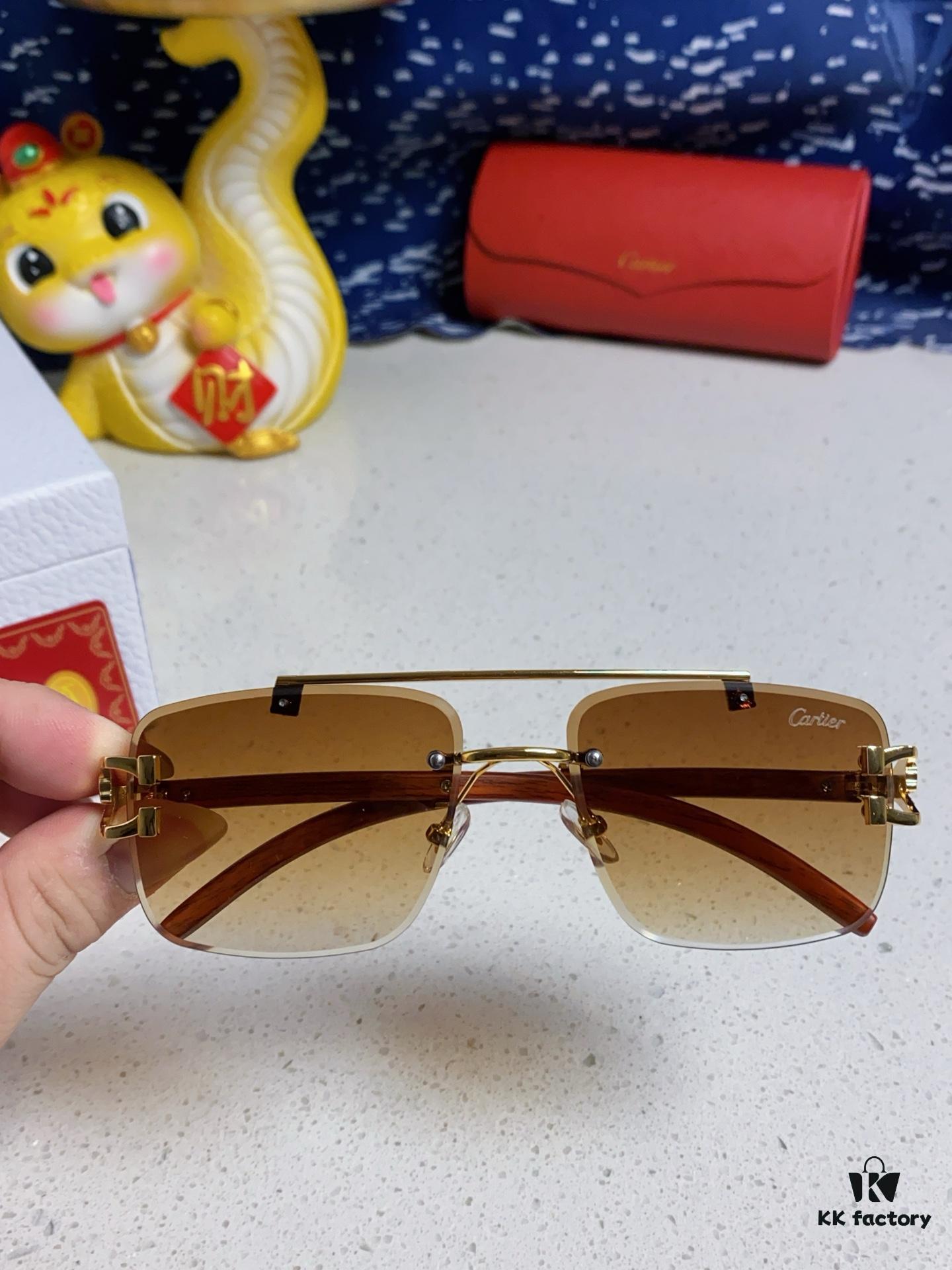 Cartier 2025 New Wooden Texture Panther Decorated Frameless Bar Square Sunglasses, Fashionable Retro Gradient Color Sunglasses for Street Snap
