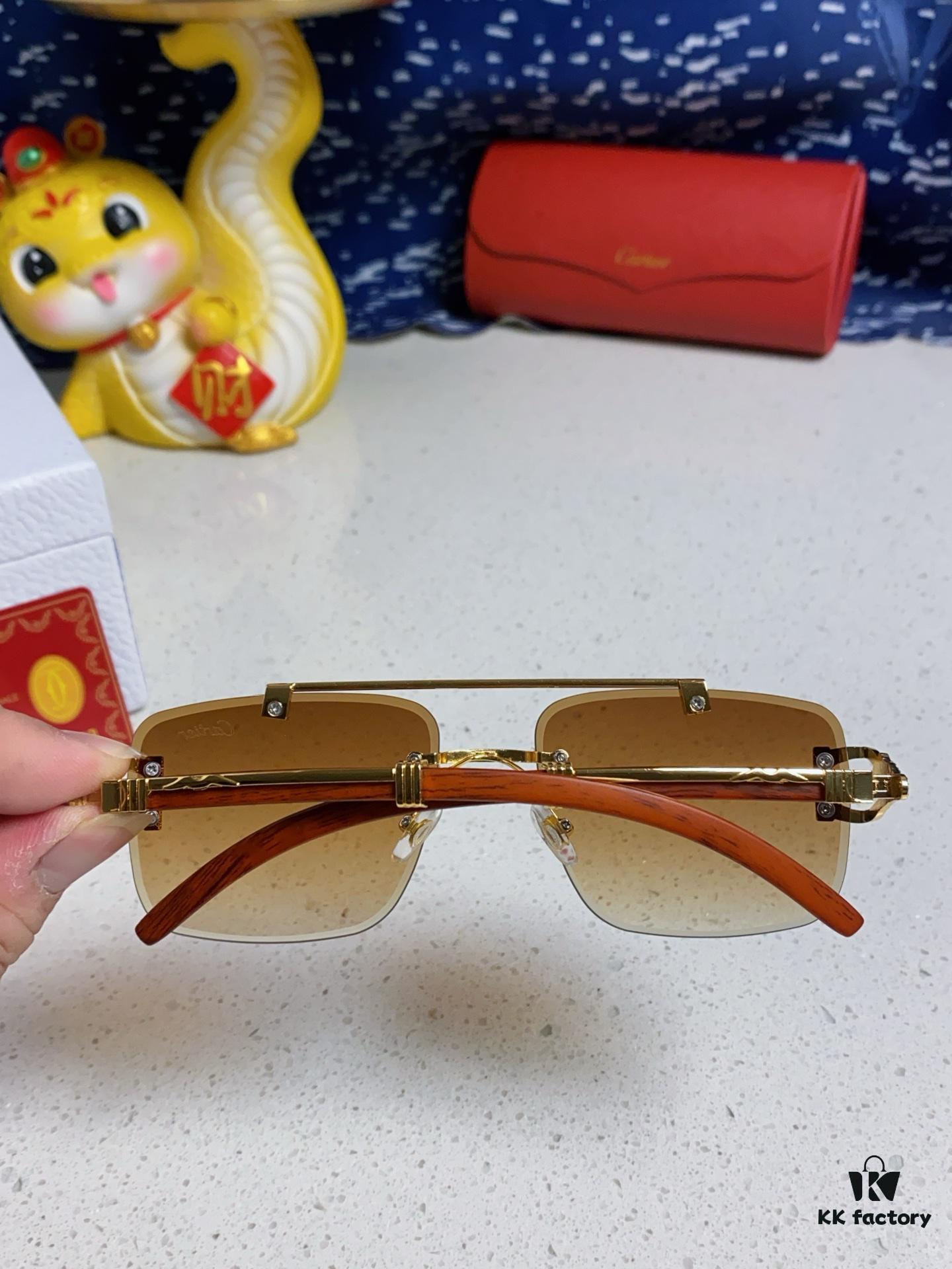 Cartier 2025 New Wooden Texture Panther Decorated Frameless Bar Square Sunglasses, Fashionable Retro Gradient Color Sunglasses for Street Snap