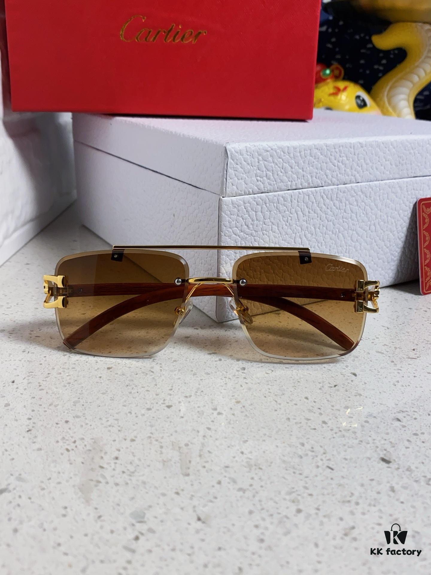 Cartier 2025 New Wooden Texture Panther Decorated Frameless Bar Square Sunglasses, Fashionable Retro Gradient Color Sunglasses for Street Snap
