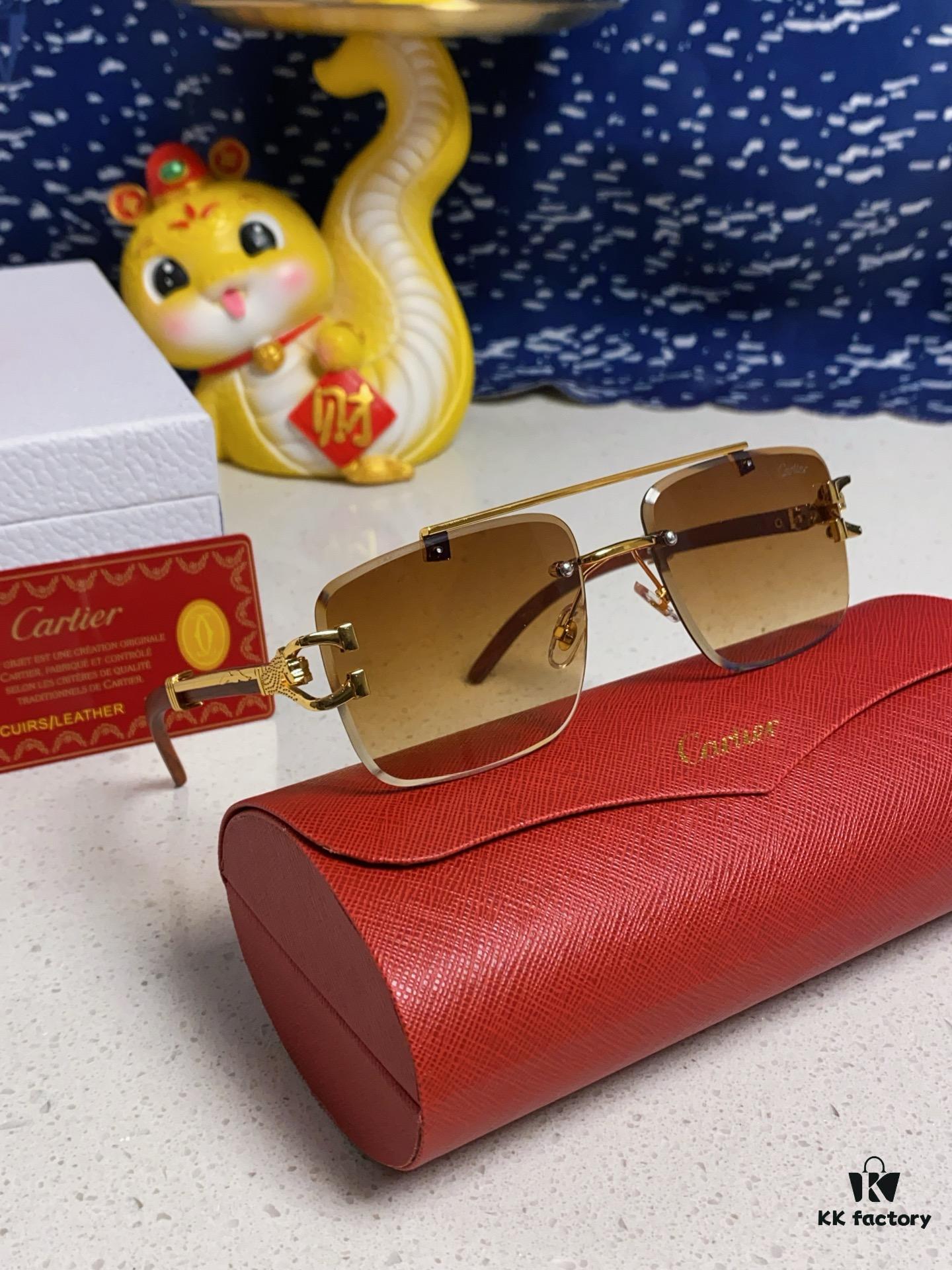 Cartier 2025 New Wooden Texture Panther Decorated Frameless Bar Square Sunglasses, Fashionable Retro Gradient Color Sunglasses for Street Snap