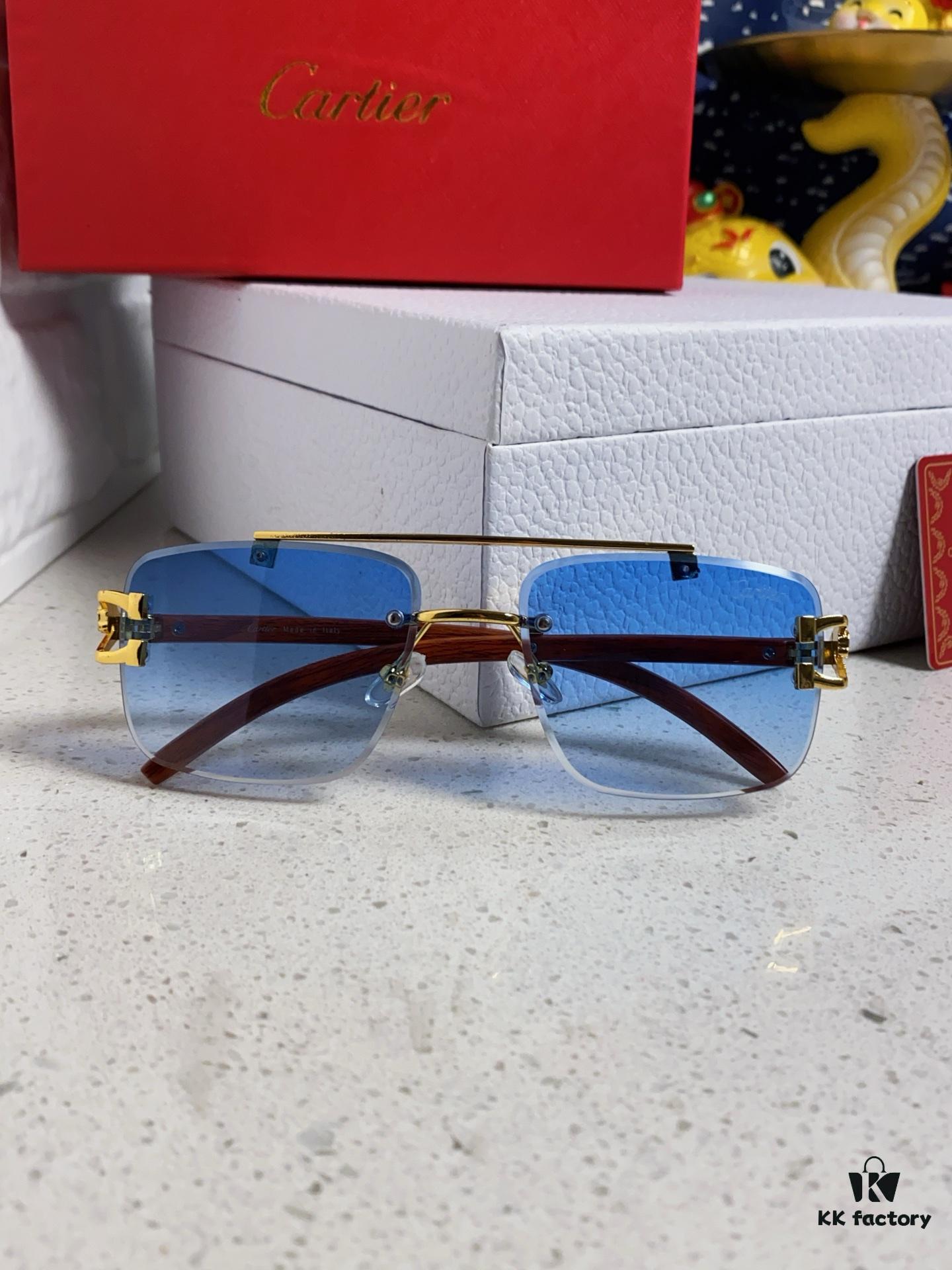 Cartier 2025 New Arrival Wooden Texture Panther Decorated Frameless Bar Square Sunglasses, Fashionable Retro Gradient Color Tinted Glasses for Street Photography