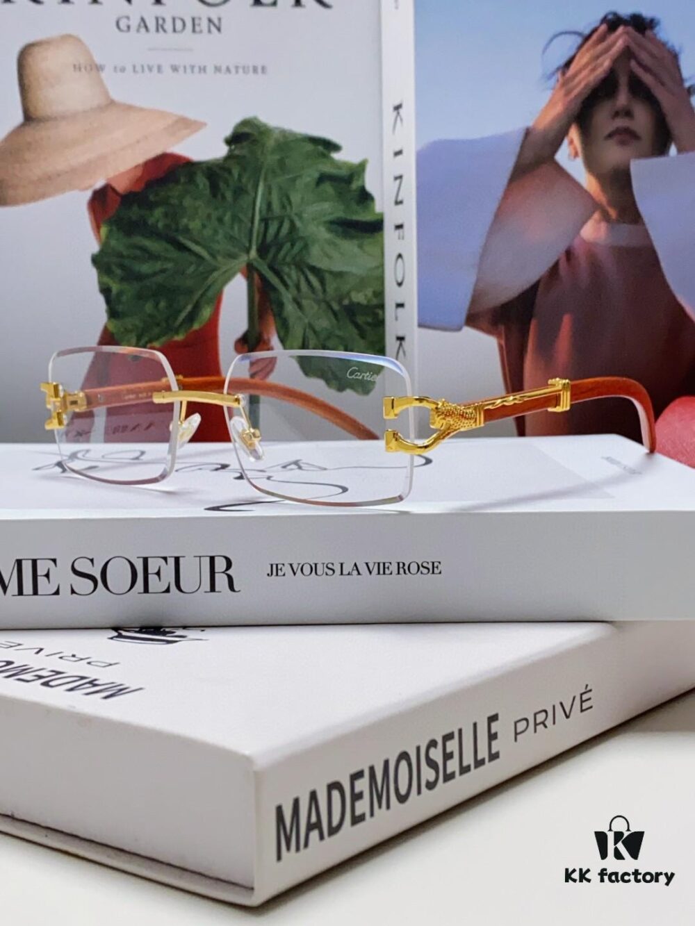 Cartier 2025 New Fashion Rimless Sunglasses with Unique Leopard Print and Woodgrain Temples, Square Frame Unisex Eyewear